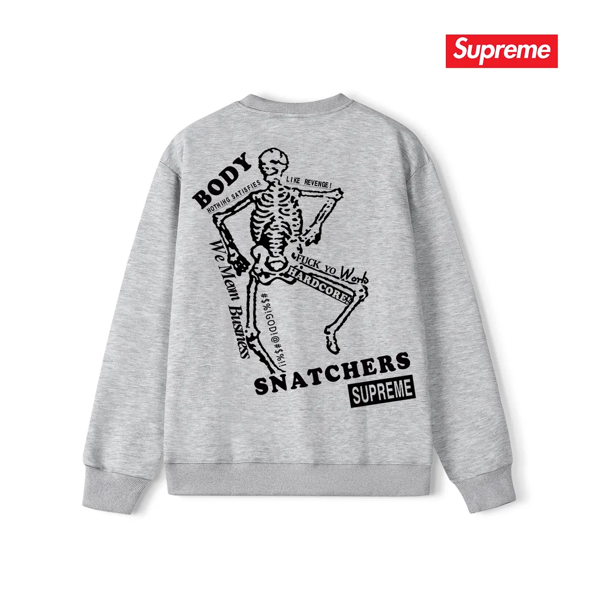 Style No. S1046 #terry p150💰 Velvet 160💰 Supreme SS23 Week9 BODY SNATCHERS TEE Classic boxlogo skull print on the back Round neck sweatshirt Made of 400g large terry (drop shoulder large version) fabric Soft texture and no pilling Imported environmentally friendly printing glue The pattern is bright and three-dimensional Quality💥Same style for men and women The upper body is trendy Color: black white gray Size: S M L XL XXL