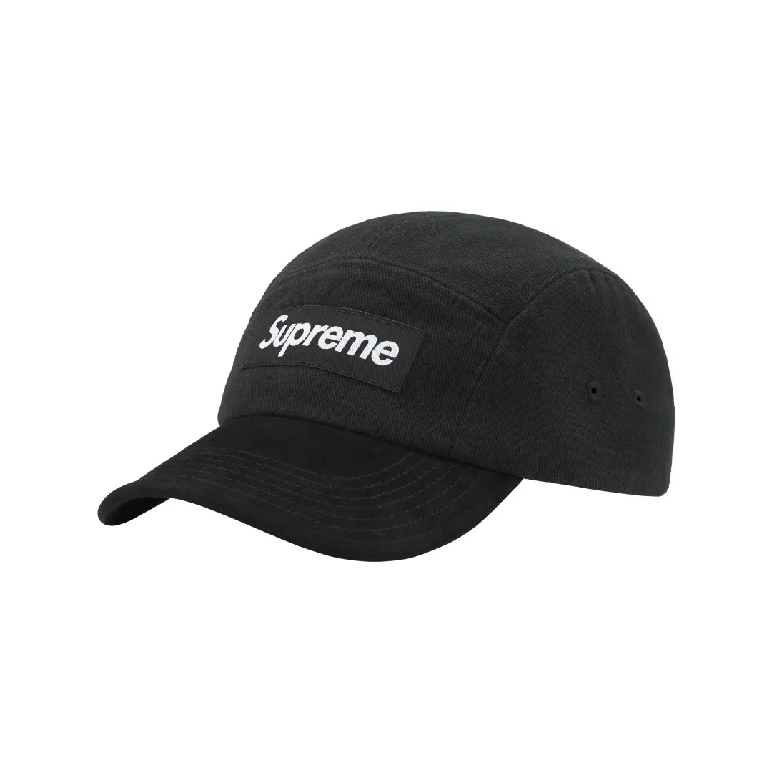 🅿️120 S147 Supreme 23ss SUEDE VISOR CAMP CAP color-blocked suede denim curved brim baseball cap Color: Aqua blue Washed black (denim denim fabric) Pink White Black Army Green (suede fabric)