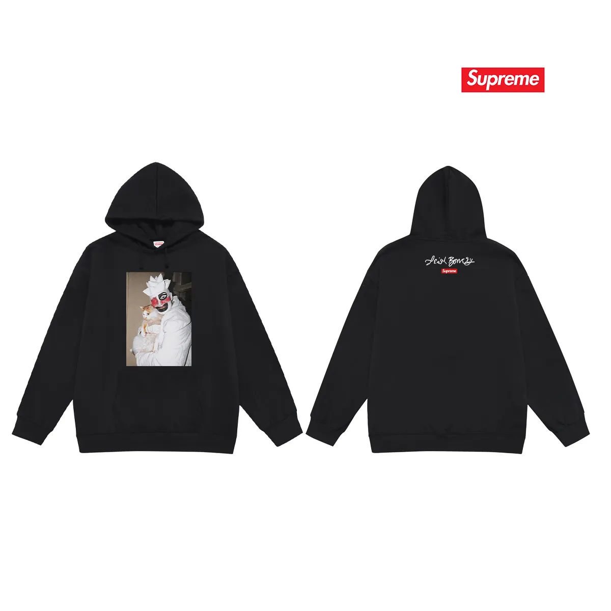 Style No. S2128 #terry P160💰 Velvet P170💰 Supreme weird artist co-branded clown hugging kitten hooded sweatshirt Made of 400g large terry 430g silver fox velvet (drop shoulder large version) fabric, soft texture and no pilling Imported environmentally friendly printing glue The pattern is bright and three-dimensional Quality 💥Same style for men and women The upper body is trendy Color: black white gray Size: S M L XL XXL