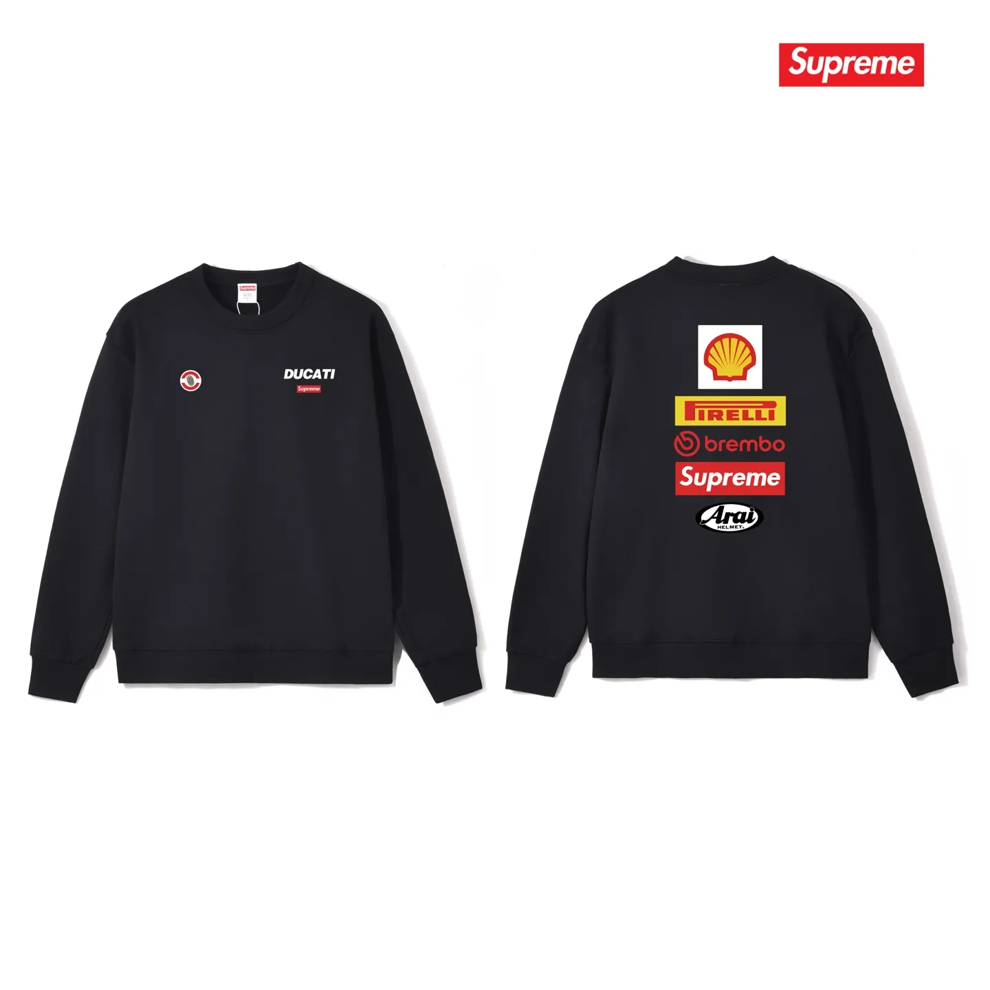 Style No. S1082 #terry p150💰 Velvet 160💰 Supreme x DUCATI joint model SS24 WEEK16 LOGO TEE Logo printing on the back Round neck sweatshirt Made of 400g large terry (drop shoulder large version) fabric Soft texture and no pilling Imported environmentally friendly printing glue The pattern is bright and three-dimensional Quality💥Same style for men and women The upper body is trendy Color: black White Gray Size: S M L XL XXL