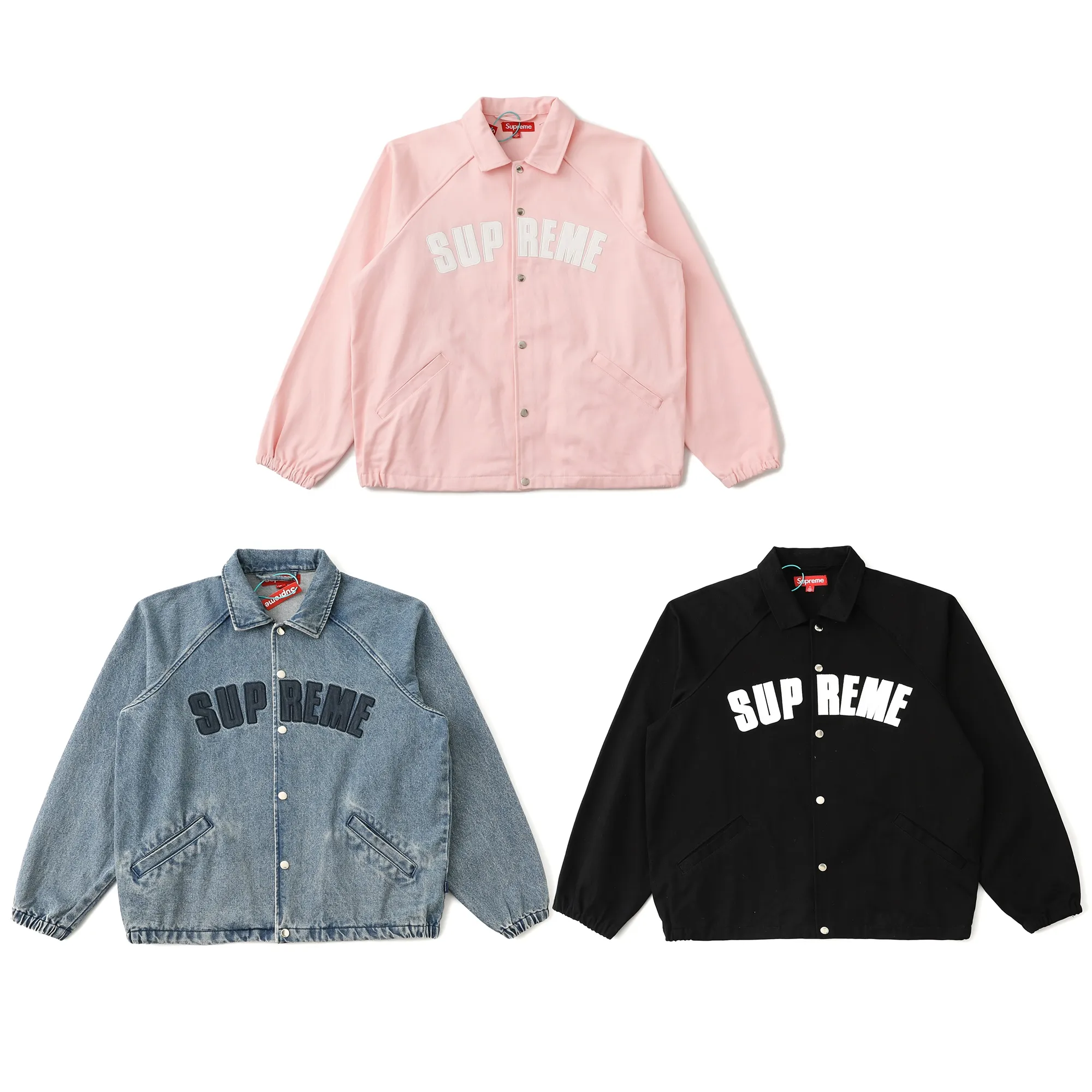 S632💰p400 Top version Supreme SS25 WEEK17 Arc Denim Coaches Jacket Logo American washed coach jacket Jacket Same style for men and women Original purchase All details are restored to the same Just close your eyes and enter Color: Black Denim Blue Pink Size: S M L XL (176 145 wear M loose)