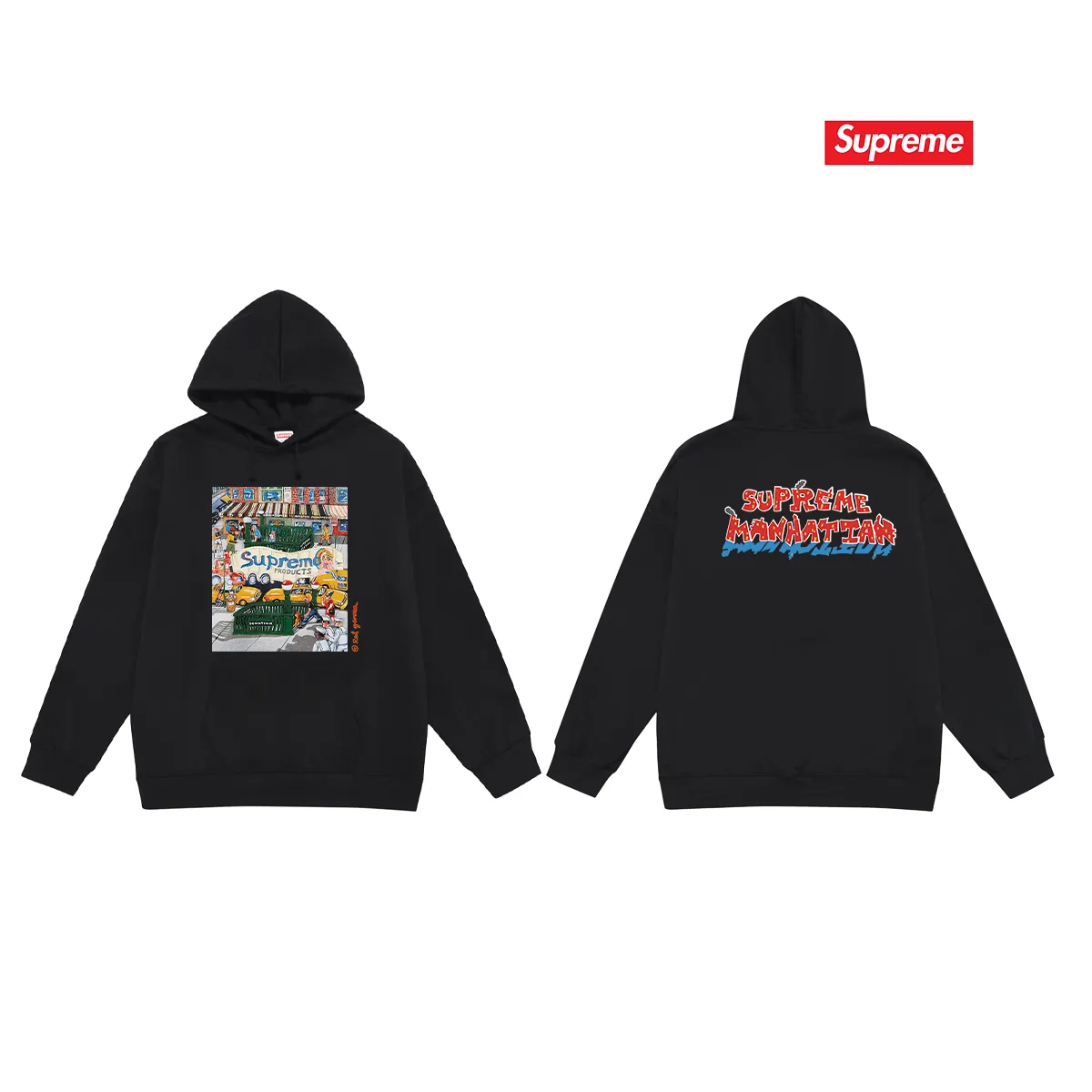Style number S2045 #terry P160💰 Velvet P170💰 Supreme SS22 Week 19 Manhattan Tee Cartoon letter Manhattan city street scene pattern print hooded sweatshirt Made of 400g large terry 430g silver fox velvet (drop shoulder large version) fabric Soft texture and no pilling Imported environmentally friendly printing glue The pattern is bright and three-dimensional Quality 💥Same style for men and women The upper body is trendy Color: black White Gray Size: S M L XL XXL