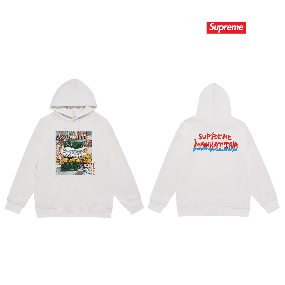 Style number S2045 #terry P160💰 Velvet P170💰 Supreme SS22 Week 19 Manhattan Tee Cartoon letter Manhattan city street scene pattern print hooded sweatshirt Made of 400g large terry 430g silver fox velvet (drop shoulder large version) fabric Soft texture and no pilling Imported environmentally friendly printing glue The pattern is bright and three-dimensional Quality 💥Same style for men and women The upper body is trendy Color: black White Gray Size: S M L XL XXL