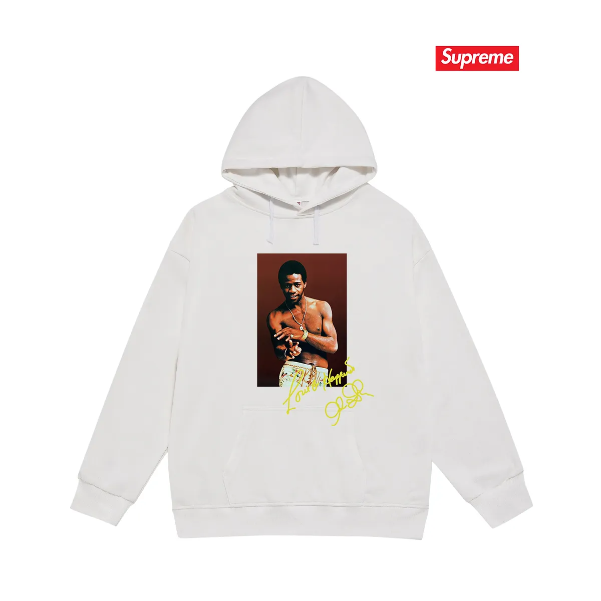 Style No. S2126 #terry P160💰 Velvet P170💰 SupremeSS22Week1AlGreenTee Al Green soul singer character print hooded sweatshirt Made of 400g large terry 430g silver fox velvet (off-shoulder large version) fabric, soft texture and no pilling Imported environmentally friendly printing glue The pattern is bright and three-dimensional Quality 💥Same style for men and women The upper body is trendy Color: black white Gray Size: S M L XL XXL