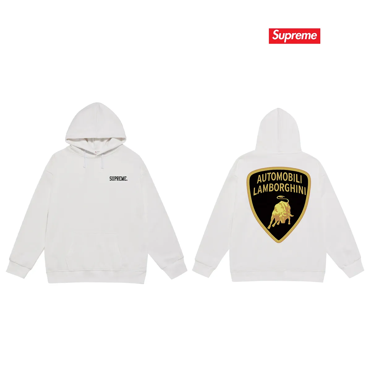 Model No. S2120 #terry P160💰 Velvet P170💰 Supreme Lamborghini co-branded hooded sweatshirt Made of 400g large terry 430g silver fox velvet (drop shoulder large version) fabric, soft texture and no pilling Imported environmentally friendly printing glue The pattern is bright and three-dimensional Quality 💥Same style for men and women The upper body is trendy Color: black white gray Size: S M L XL XXL
