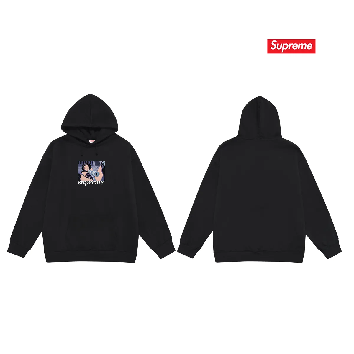 Style No. S2097 #terry P160💰 Velvet P170💰 Supreme SS22 Week6 xAeon Flux joint model Gun Tee magic female warrior cartoon letter printed hooded sweatshirt Made of 400g large terry 430g silver fox velvet (drop shoulder large version) fabric, soft texture and no pilling, imported environmentally friendly printing glue, bright three-dimensional pattern, quality 💥 Unisex style, the upper body is trendy Color: Black White Gray Size: S M L XL XXL
