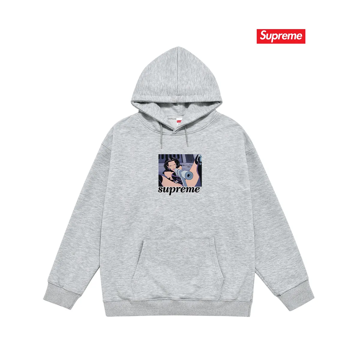 Style No. S2097 #terry P160💰 Velvet P170💰 Supreme SS22 Week6 xAeon Flux joint model Gun Tee magic female warrior cartoon letter printed hooded sweatshirt Made of 400g large terry 430g silver fox velvet (drop shoulder large version) fabric, soft texture and no pilling, imported environmentally friendly printing glue, bright three-dimensional pattern, quality 💥 Unisex style, the upper body is trendy Color: Black White Gray Size: S M L XL XXL