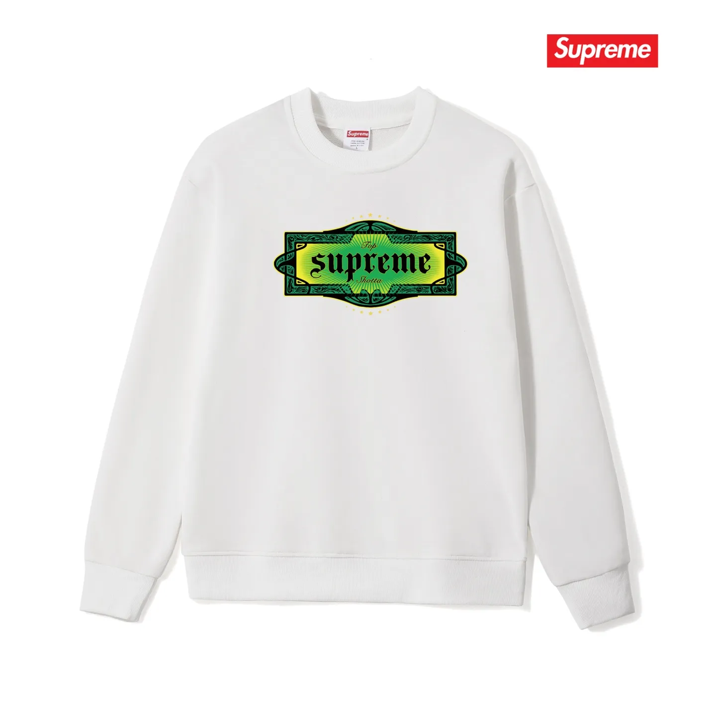 Style No. S1023 #terry p150💰 Velvet 160💰 Supreme SS22 Week 8 Top Shotta Tee Letter Printed Round Neck Sweater Made of 400 grams of large terry (drop shoulder large version) fabric, soft texture and no pilling Imported environmentally friendly printing glue The pattern is bright and three-dimensional Quality 💥Same style for men and women The upper body is trendy Color: Black White Gray Size: S M L XL XXL