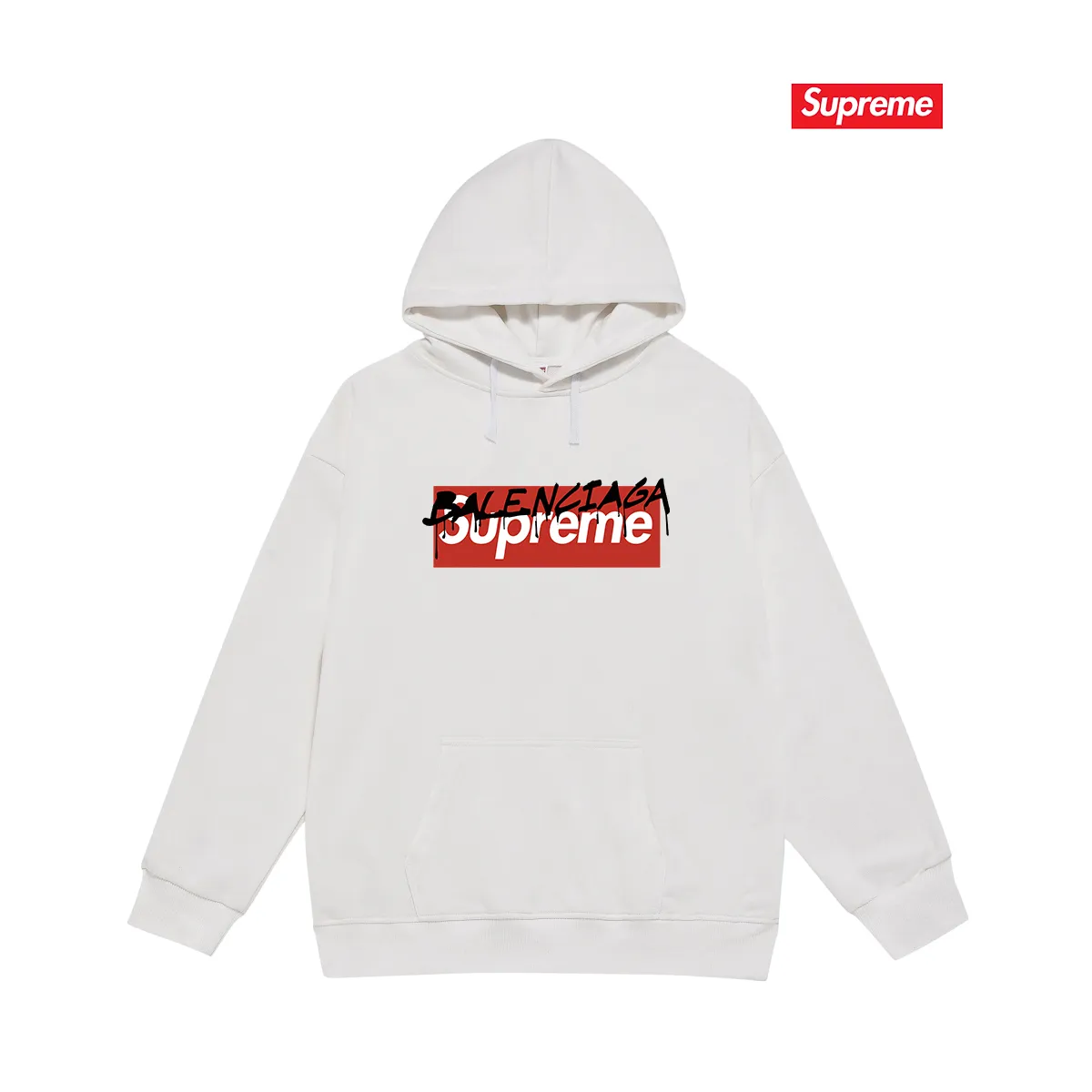 Style No. S2002 #terry P160💰 Velvet P170💰 Balenciaga co-branded supreme printed hooded sweatshirt Made of 400g large terry 430g silver fox velvet (drop shoulder large version) fabric, soft texture and no pilling Imported environmentally friendly printing glue The pattern is bright and three-dimensional Quality 💥Same style for men and women The upper body is trendy Color: White Size: S M L XL XXL