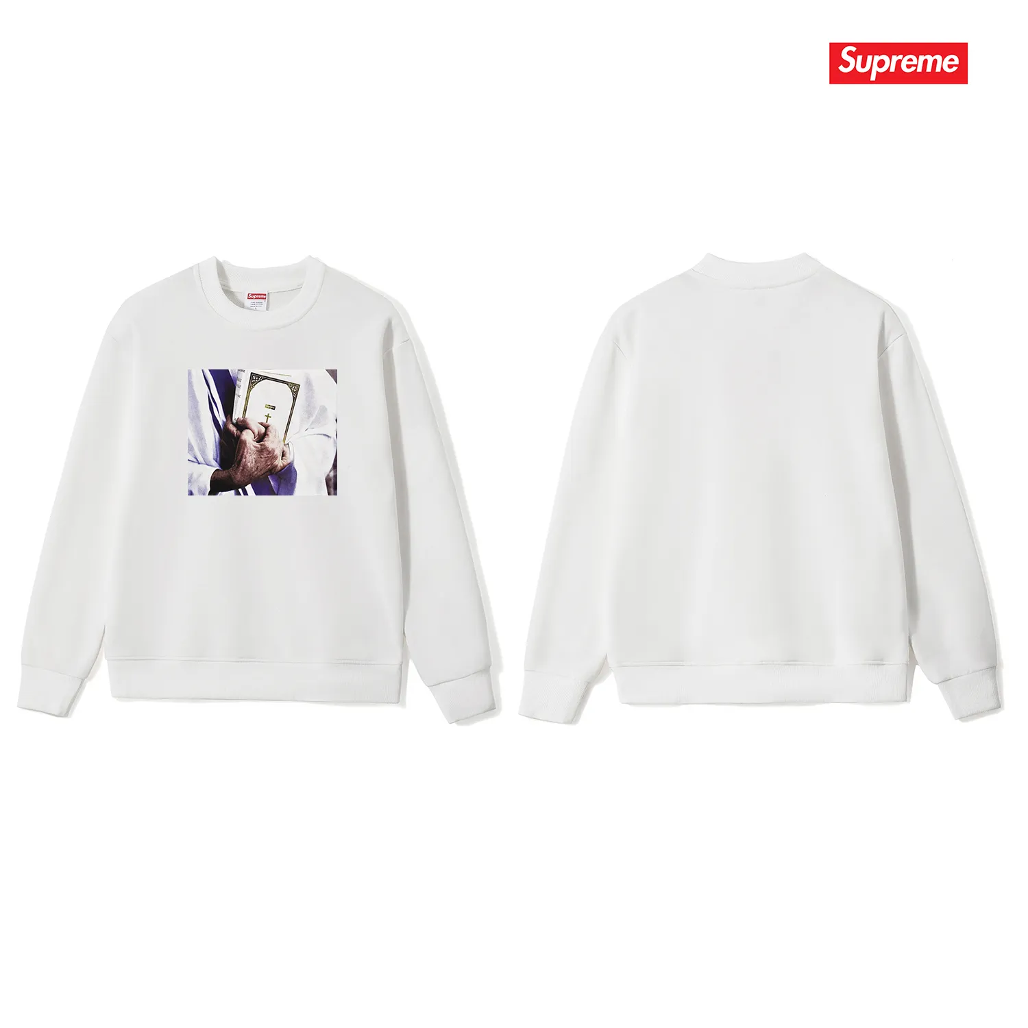 Style number S1031 #terry p150💰 Velvet 160💰 Supreme FW19 Week 7 Bible Tee printed round neck sweatshirt Made of 400g large terry (drop shoulder large version) fabric, soft and non-pilling texture, imported environmentally friendly printing glue, bright and three-dimensional pattern, quality 💥Same style for men and women, the upper body is fashionable Color: black white gray Size: S M L XL XXL
