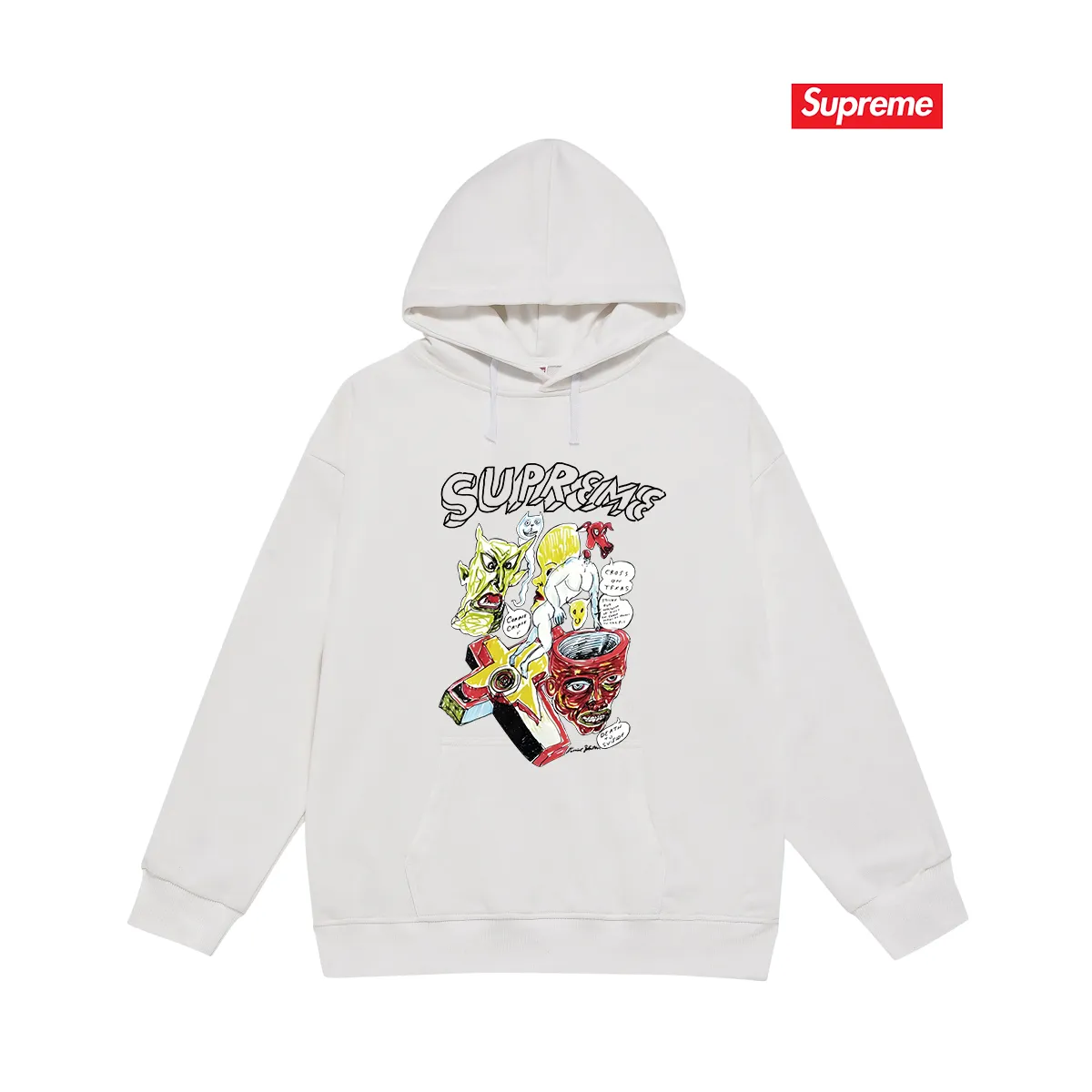 Style No. S2089 #terry P160💰 Velvet P170💰 Supreme Week 12 x Daniel Johnston joint model artistic print hooded sweatshirt Made of 400g large terry 430g silver fox velvet (off-shoulder large version) fabric, soft and non-pilling texture, imported environmentally friendly printing glue, bright and three-dimensional pattern, quality 💥same style for men and women, the upper body is trendy Color: black white gray Size: S M L XL XXL