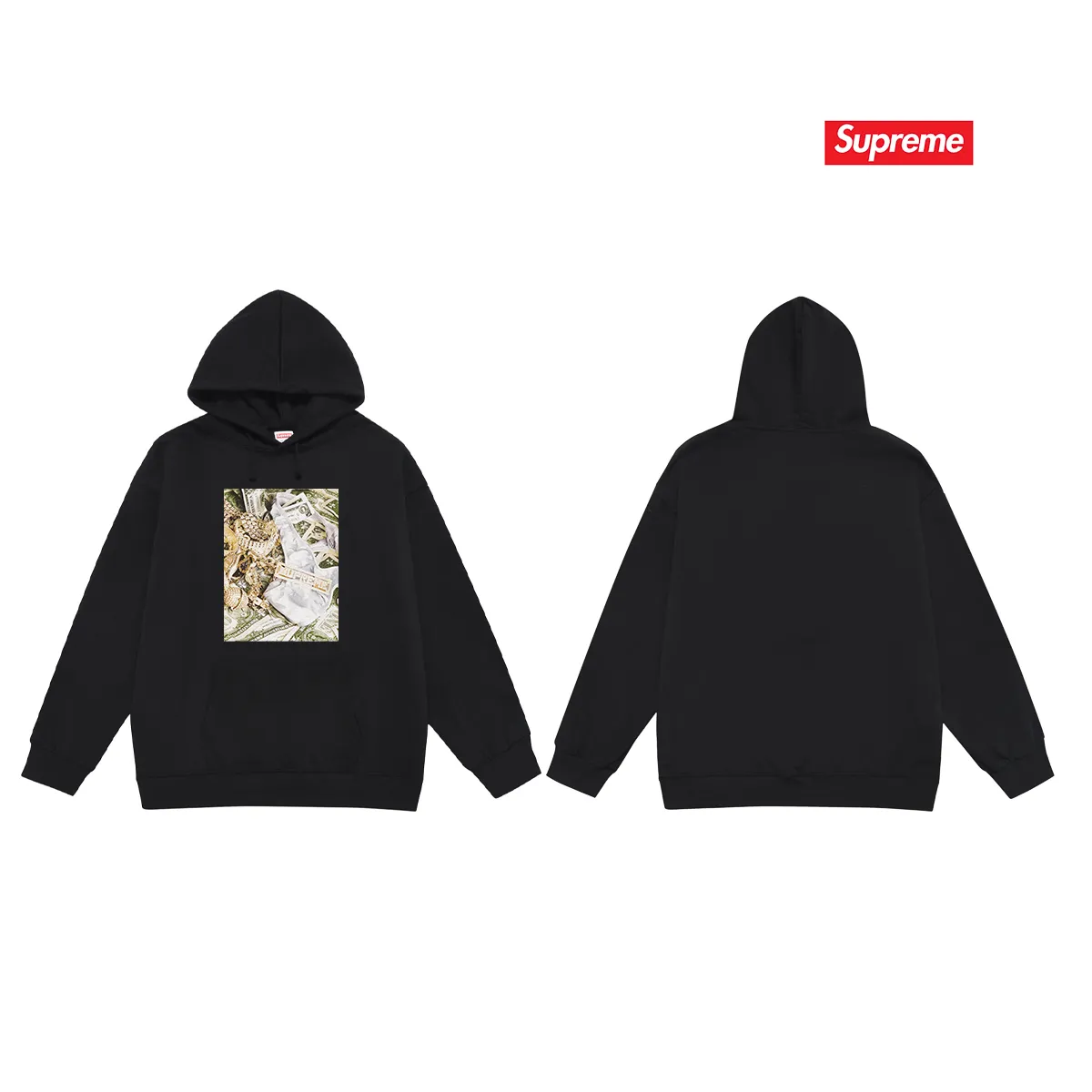 Style No. S2042 #terry P160💰 Velvet P170💰 Supreme SS20 Week 1 Bling Tee dollar printed hooded sweatshirt Made of 400g large terry 430g silver fox velvet (off-shoulder large version) fabric, soft and non-pilling, imported environmentally friendly printing glue, bright and three-dimensional pattern, quality 💥Same style for men and women, the upper body is trendy Color: black white gray Size: S M L XL XXL