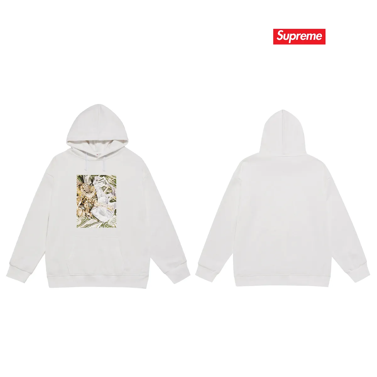 Style No. S2042 #terry P160💰 Velvet P170💰 Supreme SS20 Week 1 Bling Tee dollar printed hooded sweatshirt Made of 400g large terry 430g silver fox velvet (off-shoulder large version) fabric, soft and non-pilling, imported environmentally friendly printing glue, bright and three-dimensional pattern, quality 💥Same style for men and women, the upper body is trendy Color: black white gray Size: S M L XL XXL