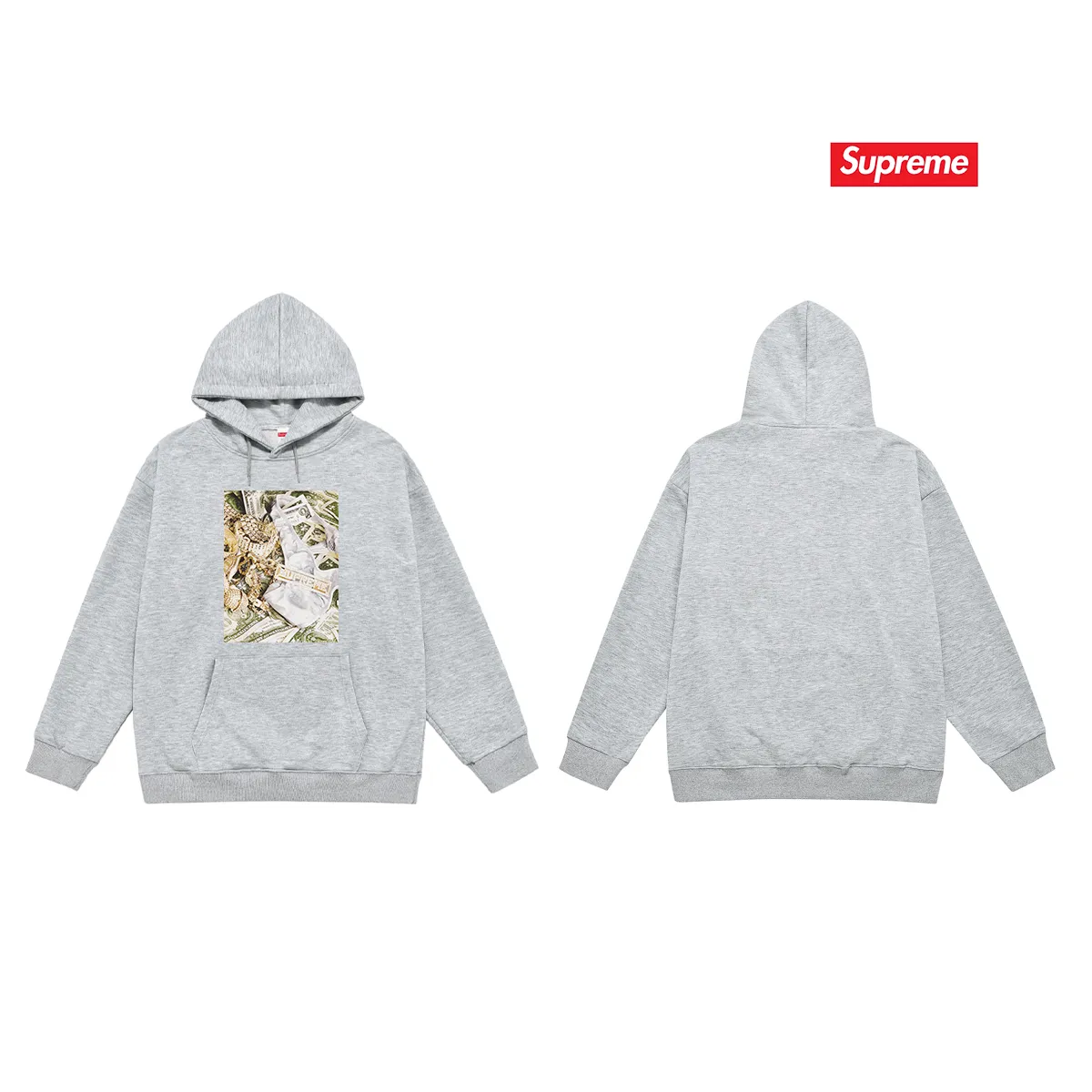 Style No. S2042 #terry P160💰 Velvet P170💰 Supreme SS20 Week 1 Bling Tee dollar printed hooded sweatshirt Made of 400g large terry 430g silver fox velvet (off-shoulder large version) fabric, soft and non-pilling, imported environmentally friendly printing glue, bright and three-dimensional pattern, quality 💥Same style for men and women, the upper body is trendy Color: black white gray Size: S M L XL XXL