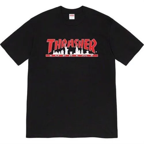 S149 P110💰 SUP 72FW Thras Skyline Tee Flame co-branded trendy men's short-sleeved high-end T-shirt. Loose fit. Made of 260g combed cotton double yarn. From fabric to accessories, all three standards are complete and follow ZP. Imported Matsui company's slurry printing will never crack. The whole piece adopts three-needle five-thread process. The neckline-shoulder seam-sleeve seam is double-lined, which looks more three-dimensional and textured. The same process as the original version, classic version. Feel free to compare zp. The whole piece adopts three-needle five-thread craftsmanship. The neckline-shoulder seam-sleeve seam is double-threaded, which looks more three-dimensional and textured.) It has the same craftsmanship as the original original, classic version. Color: Black White Size: S M L XL XXL