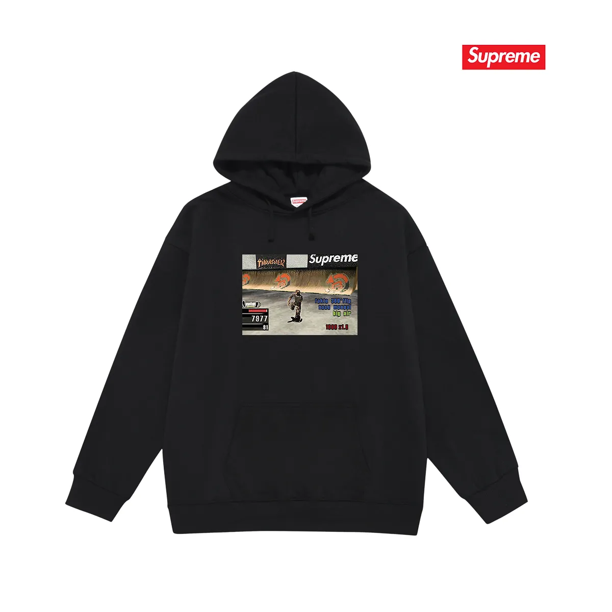Style No. S2086 #terry P160💰 Velvet P170💰 Supreme Week 5 x Thrasher co-branded Game Tee hooded sweatshirt Made of 400g large terry 430g silver fox velvet (off-shoulder large version) fabric, soft and non-pilling, imported environmentally friendly printing glue, bright and three-dimensional pattern, quality 💥same style for men and women, the upper body is trendy Color: black white gray Size: S M L XL XXL