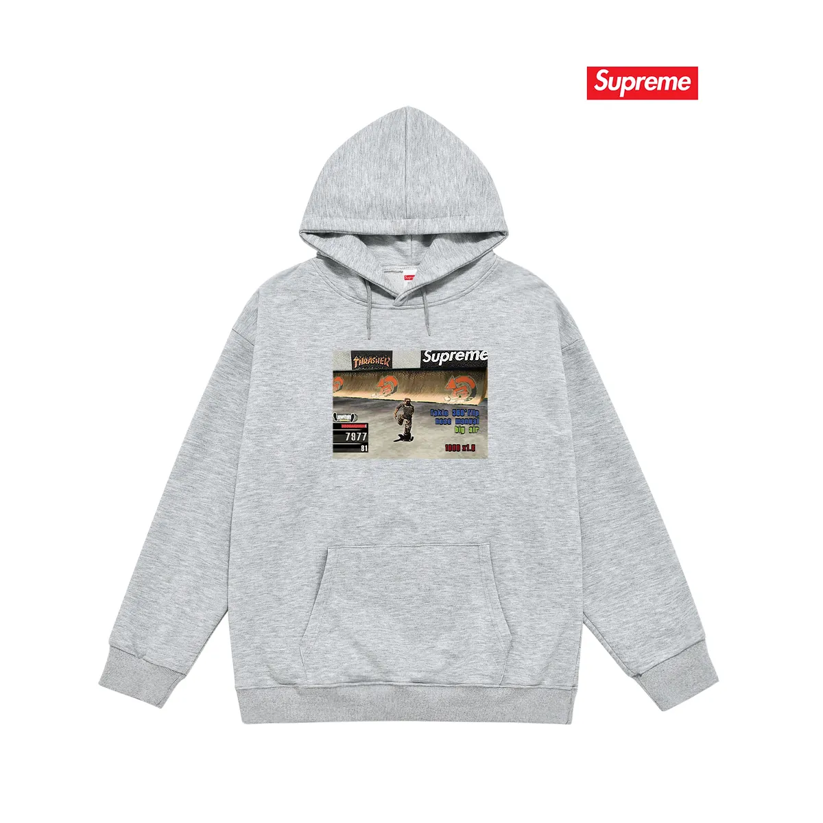 Style No. S2086 #terry P160💰 Velvet P170💰 Supreme Week 5 x Thrasher co-branded Game Tee hooded sweatshirt Made of 400g large terry 430g silver fox velvet (off-shoulder large version) fabric, soft and non-pilling, imported environmentally friendly printing glue, bright and three-dimensional pattern, quality 💥same style for men and women, the upper body is trendy Color: black white gray Size: S M L XL XXL
