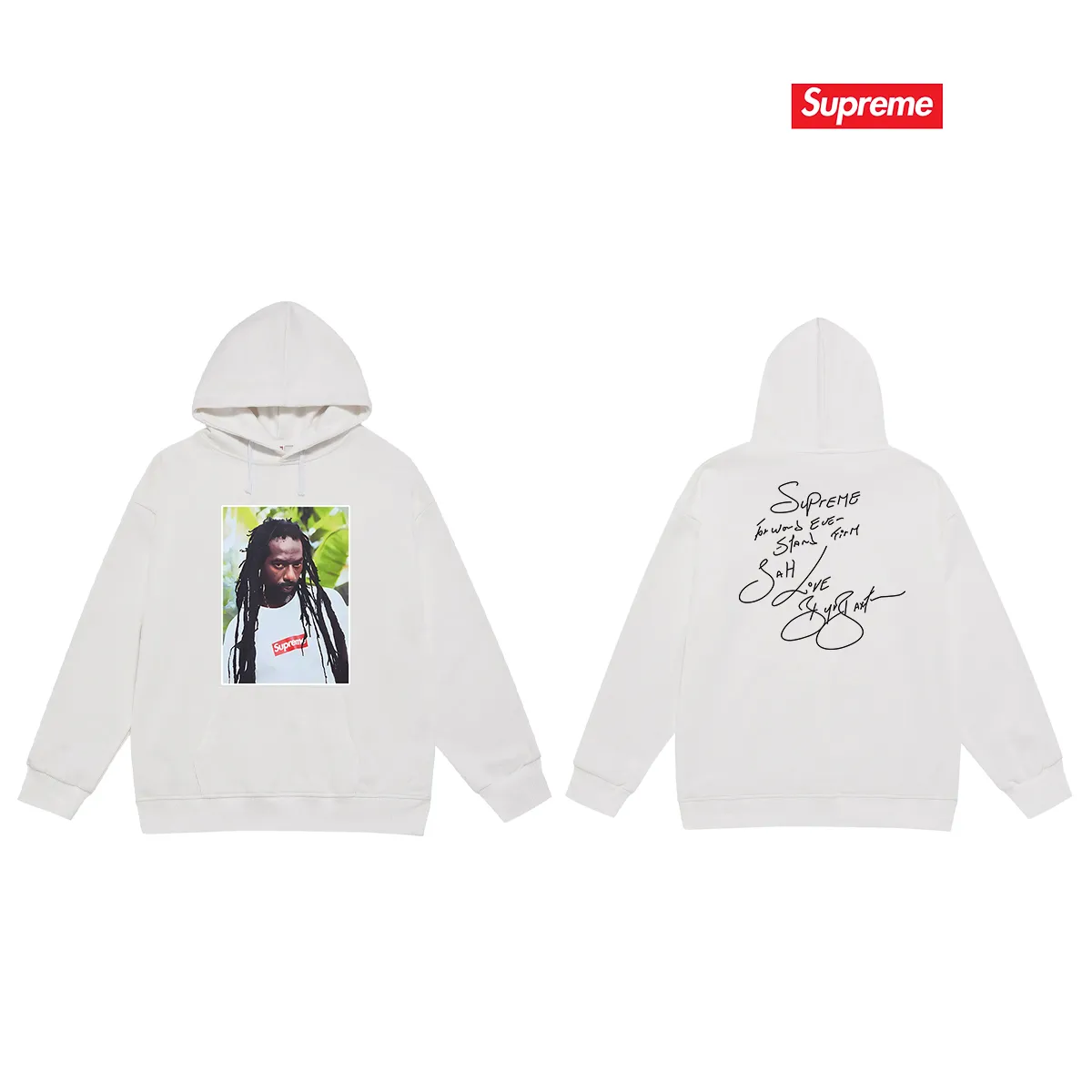 Style No. S2035 #terry P160💰 Velvet P170💰 Supreme SS19 Buju Banton Tee Reggae character print hooded sweatshirt Made of 400g large terry 430g silver fox velvet (drop shoulder large version) fabric, soft texture and no pilling Imported environmentally friendly printing glue The pattern is bright and three-dimensional Quality 💥Same style for men and women The upper body is trendy Color: black white gray Size: S M L XL XXL