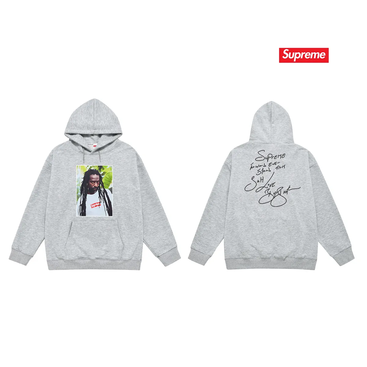 Style No. S2035 #terry P160💰 Velvet P170💰 Supreme SS19 Buju Banton Tee Reggae character print hooded sweatshirt Made of 400g large terry 430g silver fox velvet (drop shoulder large version) fabric, soft texture and no pilling Imported environmentally friendly printing glue The pattern is bright and three-dimensional Quality 💥Same style for men and women The upper body is trendy Color: black white gray Size: S M L XL XXL