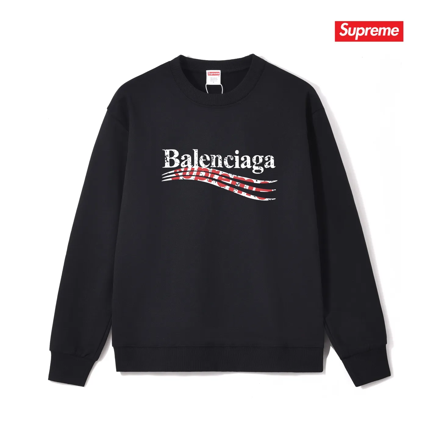 Style No. S1003 #terry p150💰 Velvet 160💰 Balenciaga co-branded supreme round neck sweatshirt. Made of 400 grams of large terry (drop shoulder large version) fabric. The texture is soft and non-pilling. Imported environmentally friendly printing glue. The pattern is bright and three-dimensional. Quality💥Same style for men and women. The upper body is trendy. Color: black Size: S M L XL XXL