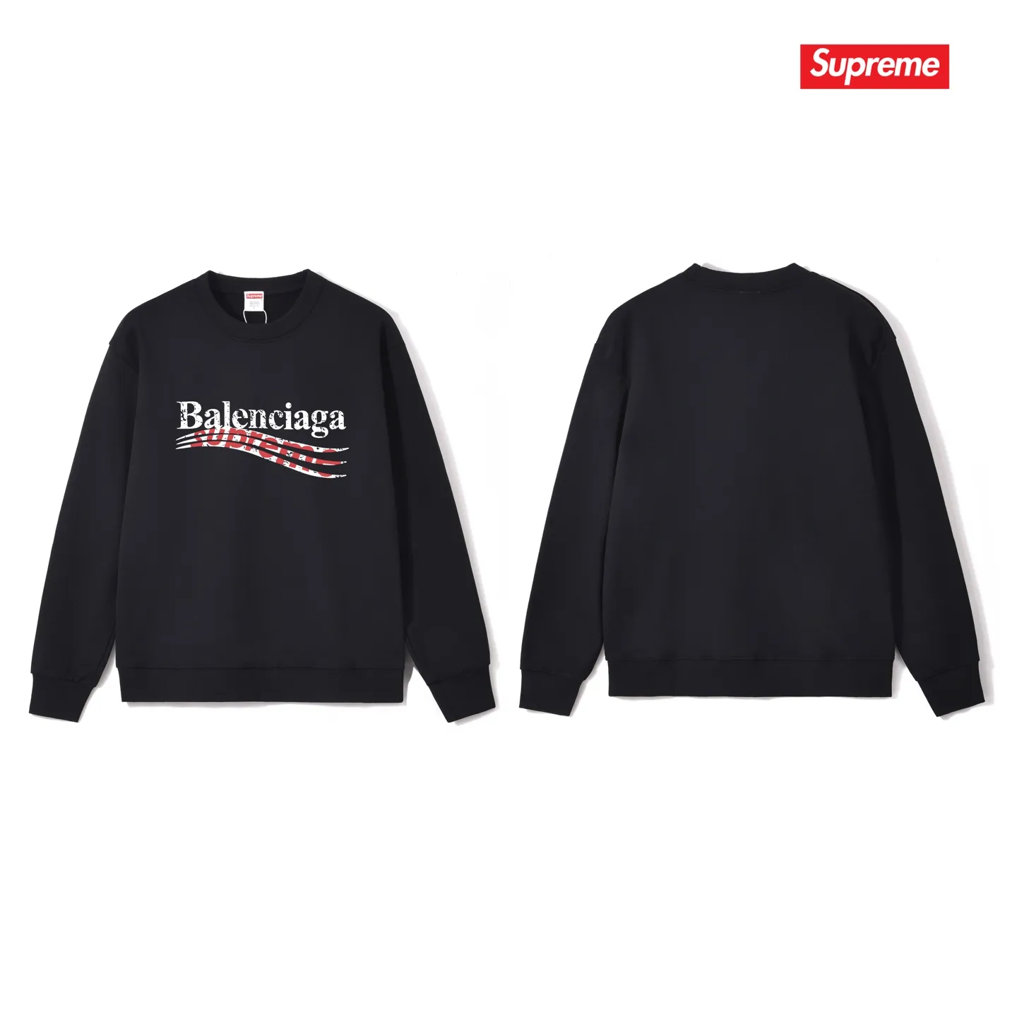 Style No. S1003 #terry p150💰 Velvet 160💰 Balenciaga co-branded supreme round neck sweatshirt. Made of 400 grams of large terry (drop shoulder large version) fabric. The texture is soft and non-pilling. Imported environmentally friendly printing glue. The pattern is bright and three-dimensional. Quality💥Same style for men and women. The upper body is trendy. Color: black Size: S M L XL XXL
