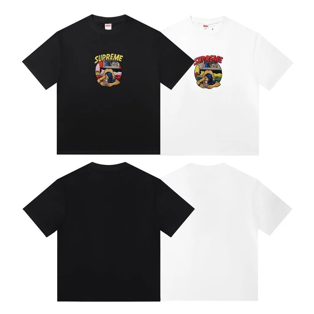 #S132 P110💰 Sup 80SS BEDROOM Bedroom Comic Girl Recumbent Short Sleeve Comic Couple T-shirt for Men and Women. Loose fit. Made of 260g combed cotton double yarn. All three standards are complete from fabric to accessories. ZP. Imported Matsui company slurry printing will never crack. The whole piece adopts three-needle five-thread process. The neckline-shoulder seam-sleeve seam is double-lined, which looks more three-dimensional and textured.) The same process as the authentic original, classic version Feel free to compare zp. The whole piece adopts three-needle five-thread craftsmanship. The neckline-shoulder seam-sleeve seam is double-threaded, which looks more three-dimensional and textured.) It has the same craftsmanship as the original original, classic version. Color: Black White Size: S M L XL XXL