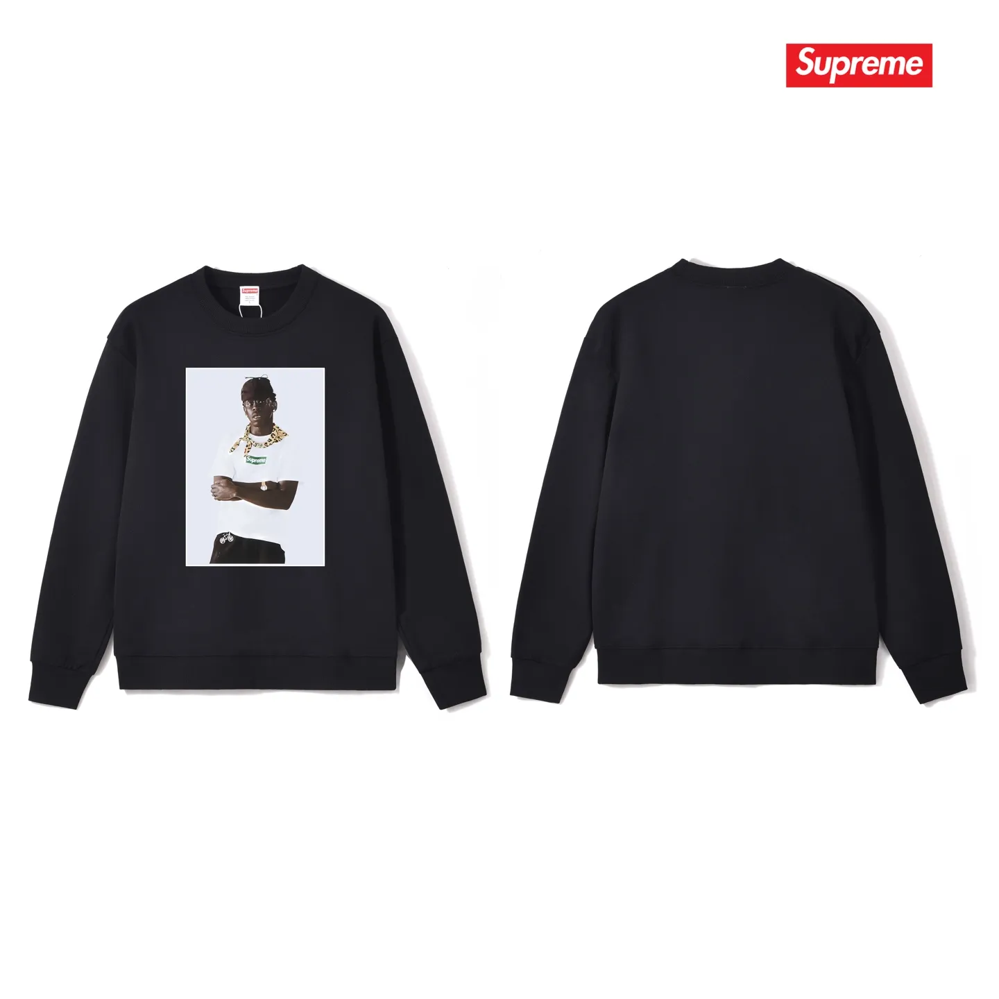 Style No. S1084 #terry p150💰 Velvet 160💰 Supreme FW24 Tyler The Creator Tee Portrait Printed Round Neck Sweater Made of 400g large terry (drop shoulder large version) fabric, soft and non-pilling texture, imported environmentally friendly printing glue, bright and three-dimensional pattern, quality 💥unisex style, trendy upper body, color: black, white, gray, size: S M L XL XXL