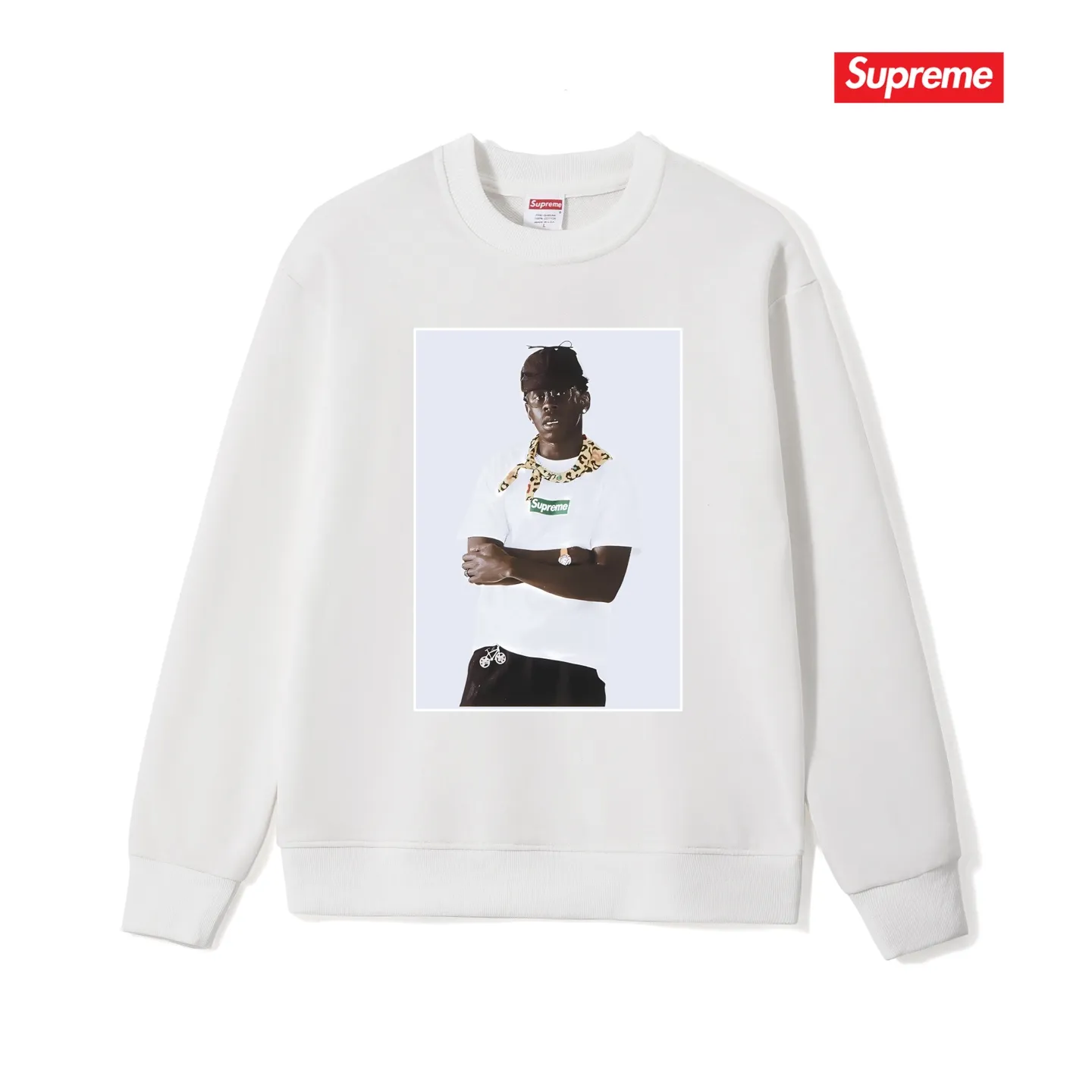 Style No. S1084 #terry p150💰 Velvet 160💰 Supreme FW24 Tyler The Creator Tee Portrait Printed Round Neck Sweater Made of 400g large terry (drop shoulder large version) fabric, soft and non-pilling texture, imported environmentally friendly printing glue, bright and three-dimensional pattern, quality 💥unisex style, trendy upper body, color: black, white, gray, size: S M L XL XXL