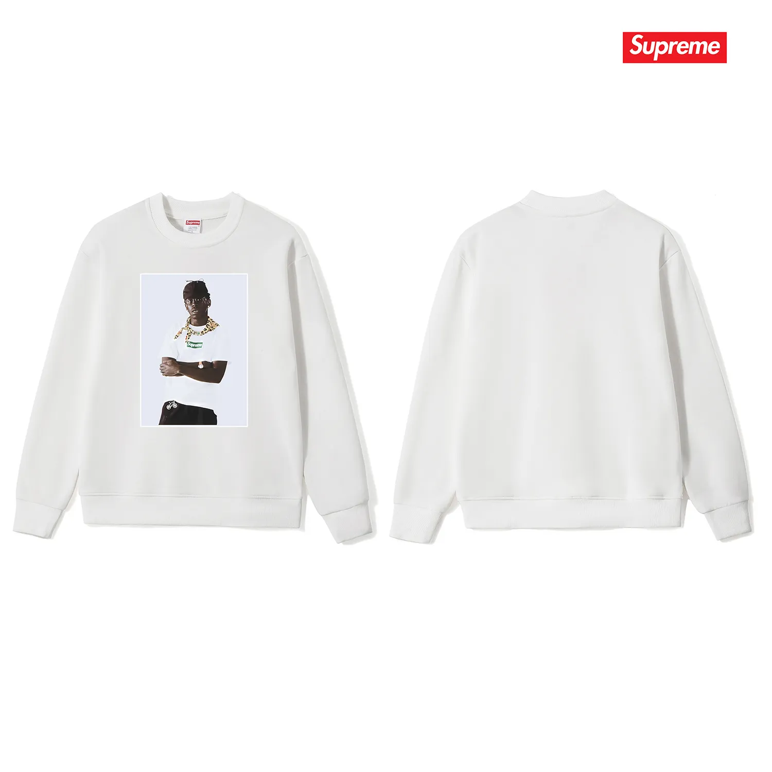 Style No. S1084 #terry p150💰 Velvet 160💰 Supreme FW24 Tyler The Creator Tee Portrait Printed Round Neck Sweater Made of 400g large terry (drop shoulder large version) fabric, soft and non-pilling texture, imported environmentally friendly printing glue, bright and three-dimensional pattern, quality 💥unisex style, trendy upper body, color: black, white, gray, size: S M L XL XXL