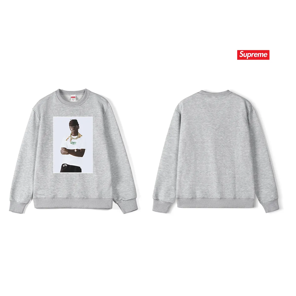 Style No. S1084 #terry p150💰 Velvet 160💰 Supreme FW24 Tyler The Creator Tee Portrait Printed Round Neck Sweater Made of 400g large terry (drop shoulder large version) fabric, soft and non-pilling texture, imported environmentally friendly printing glue, bright and three-dimensional pattern, quality 💥unisex style, trendy upper body, color: black, white, gray, size: S M L XL XXL