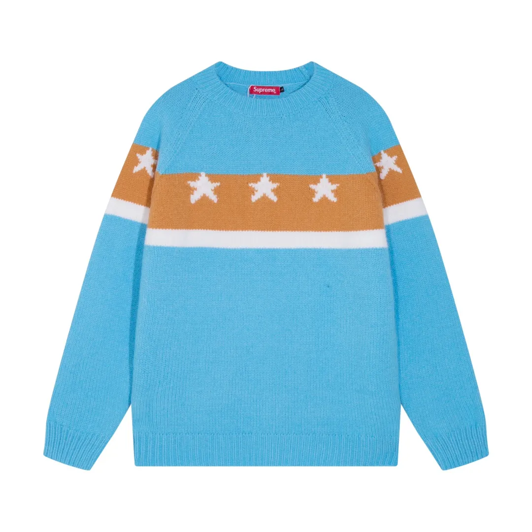 P300 Sup supreme chest striped five-pointed star jacquard crew neck sweater Color: black blue green Size: S M L XL XXL