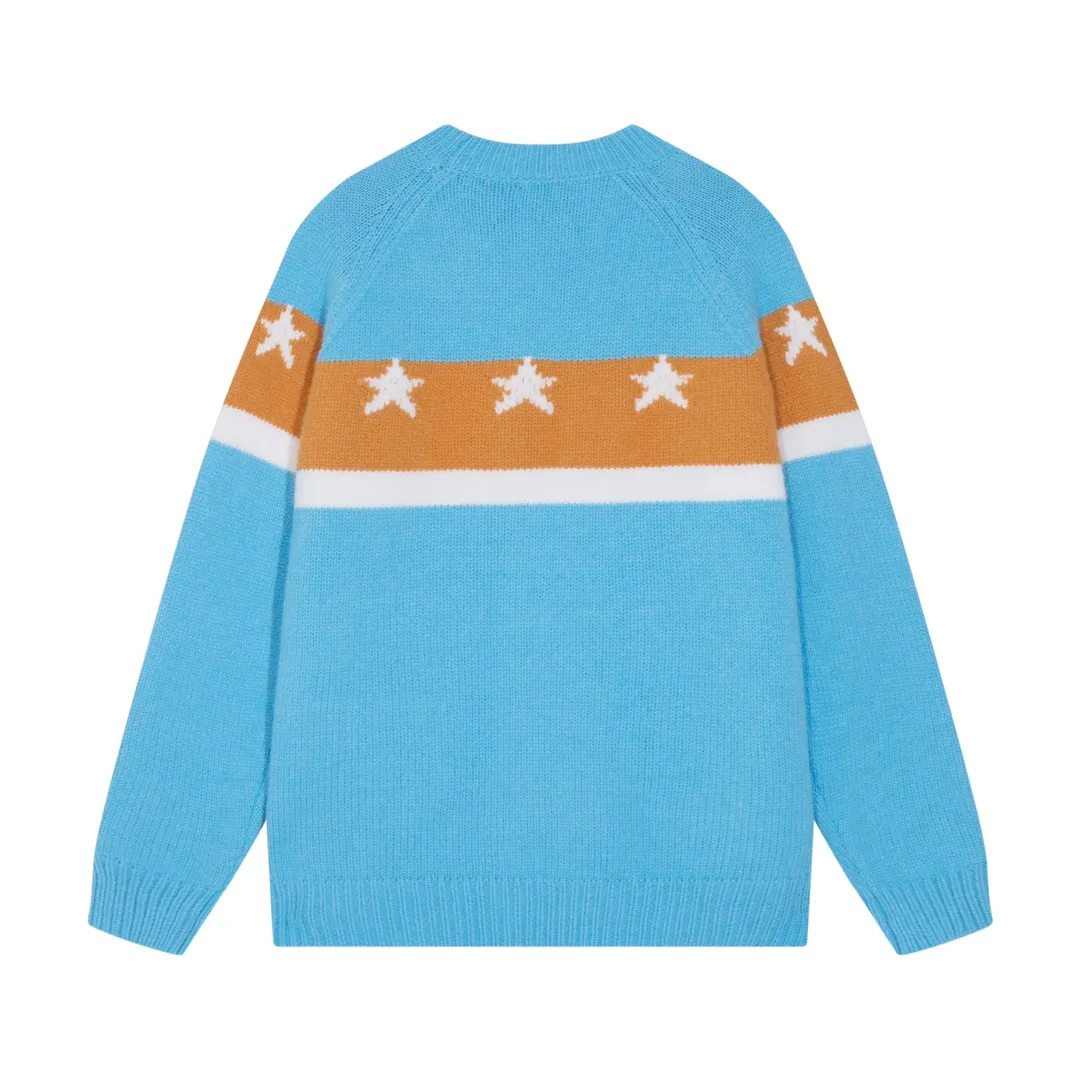 P300 Sup supreme chest striped five-pointed star jacquard crew neck sweater Color: black blue green Size: S M L XL XXL