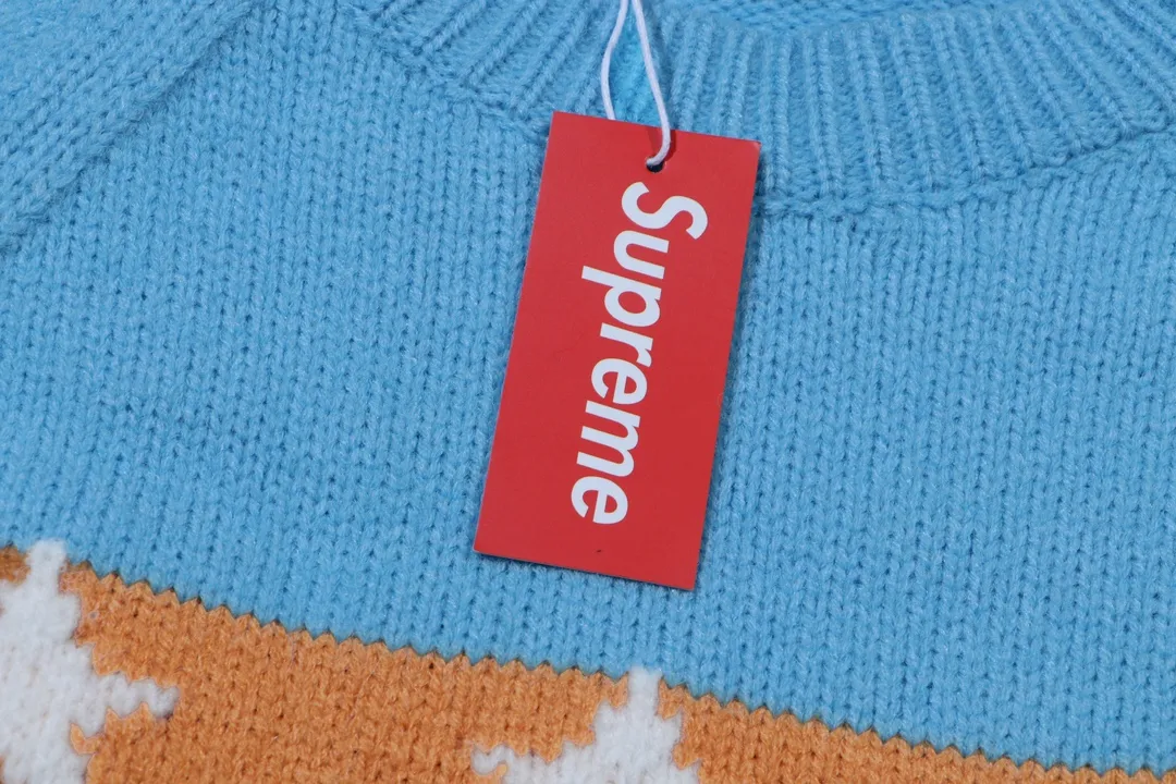 P300 Sup supreme chest striped five-pointed star jacquard crew neck sweater Color: black blue green Size: S M L XL XXL