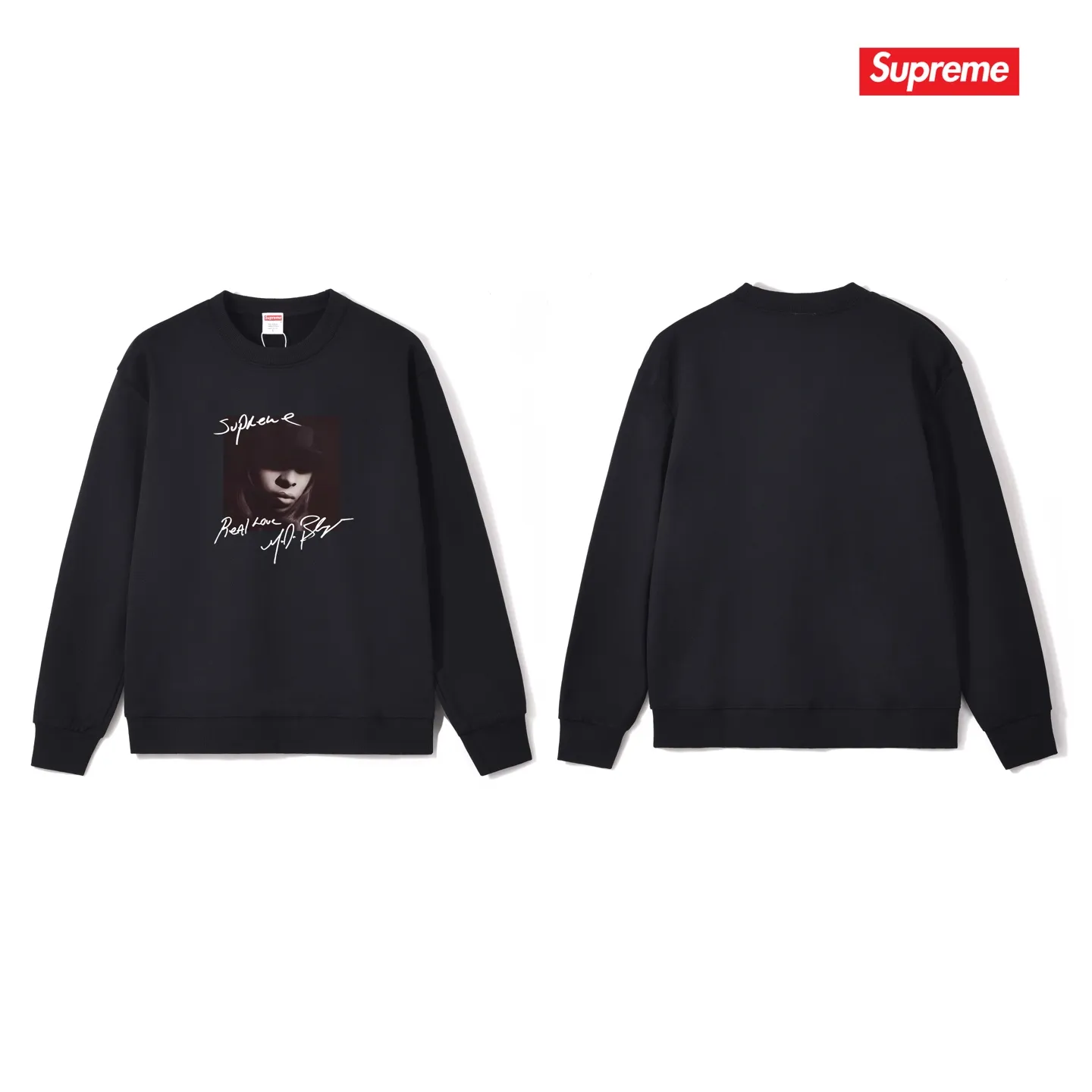 Style No. S1201 #terry p150💰 Velvet 160💰 Supreme FW19 Week 1 Mary J. Blige round neck sweatshirt Made of 400 grams of large terry (drop shoulder large version) fabric, soft and non-pilling texture, imported environmentally friendly printing glue, bright and three-dimensional pattern, quality 💥Same style for men and women, the upper body is fashionable Color: black white gray Size: S M L XL XXL