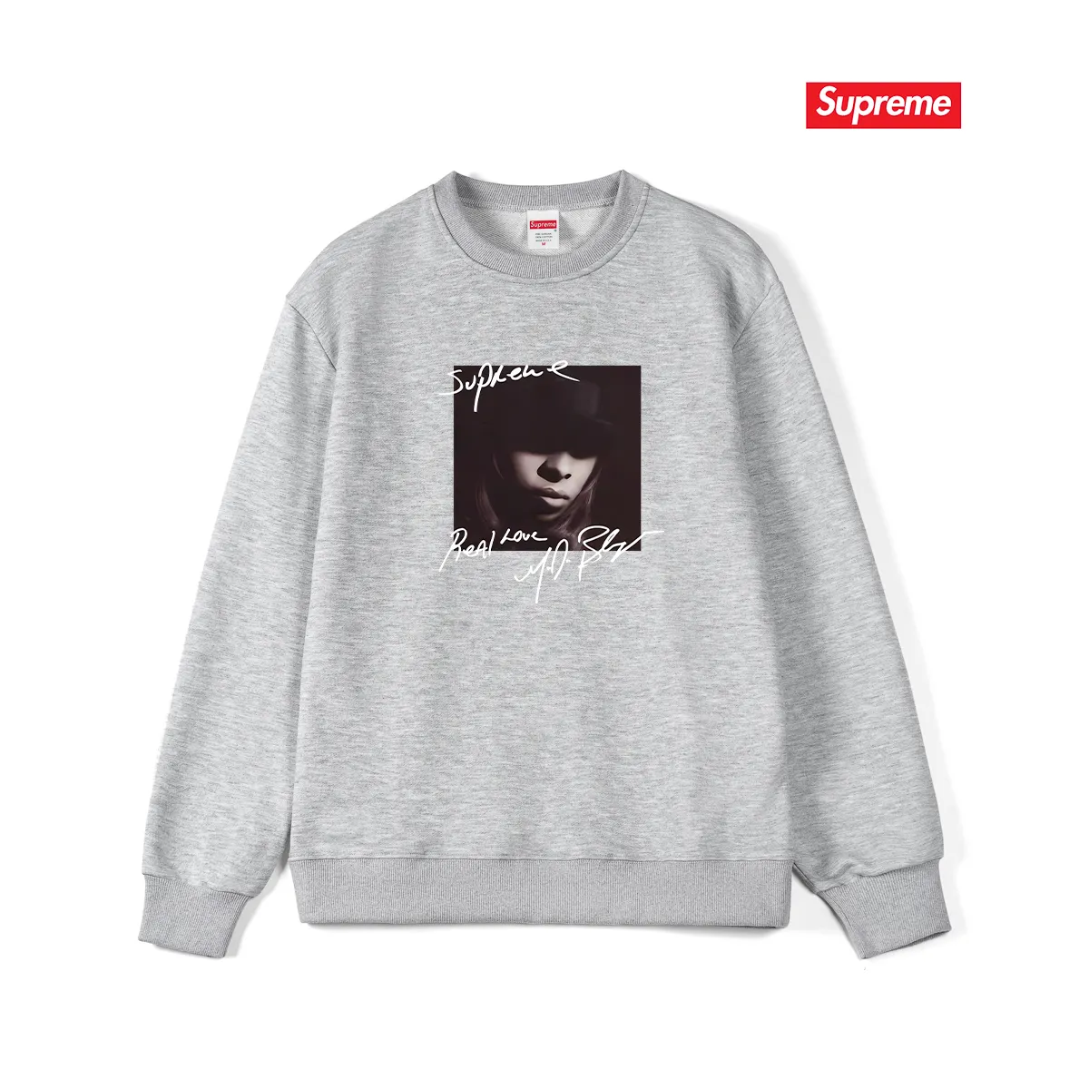 Style No. S1201 #terry p150💰 Velvet 160💰 Supreme FW19 Week 1 Mary J. Blige round neck sweatshirt Made of 400 grams of large terry (drop shoulder large version) fabric, soft and non-pilling texture, imported environmentally friendly printing glue, bright and three-dimensional pattern, quality 💥Same style for men and women, the upper body is fashionable Color: black white gray Size: S M L XL XXL