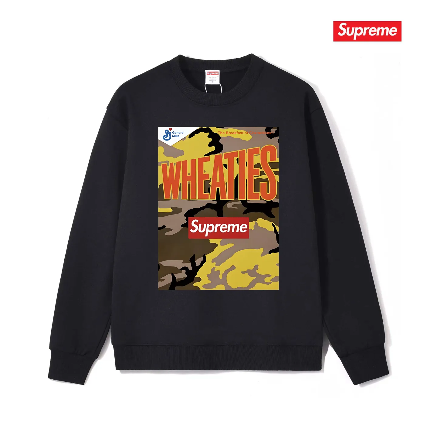 Style No. S1062 #terryp150💰 Velvet 160💰 Supreme SS21 Week6 x Wheaties Tee Oatmeal round-neck sweatshirt Made of 400g large terry (drop shoulder large version) fabric, soft texture and no pilling Imported environmentally friendly printing glue The pattern is bright and three-dimensional Quality 💥Same style for men and women The upper body is trendy Color: black white gray Size: S M L XL XXL