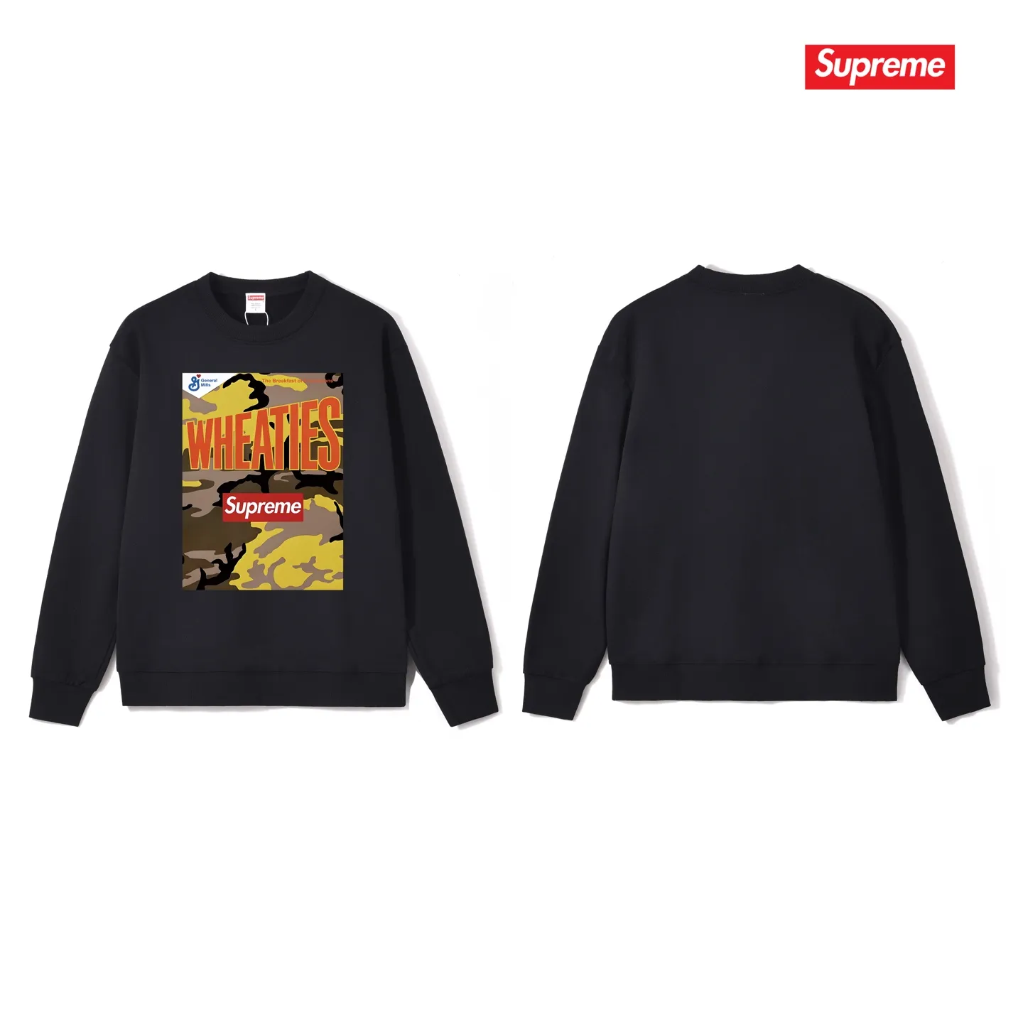 Style No. S1062 #terryp150💰 Velvet 160💰 Supreme SS21 Week6 x Wheaties Tee Oatmeal round-neck sweatshirt Made of 400g large terry (drop shoulder large version) fabric, soft texture and no pilling Imported environmentally friendly printing glue The pattern is bright and three-dimensional Quality 💥Same style for men and women The upper body is trendy Color: black white gray Size: S M L XL XXL
