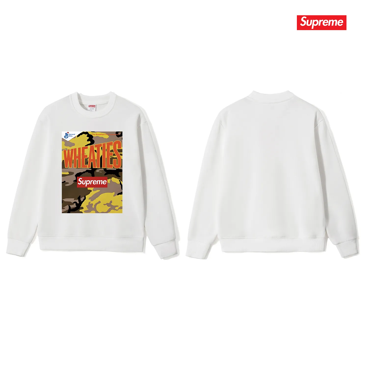 Style No. S1062 #terryp150💰 Velvet 160💰 Supreme SS21 Week6 x Wheaties Tee Oatmeal round-neck sweatshirt Made of 400g large terry (drop shoulder large version) fabric, soft texture and no pilling Imported environmentally friendly printing glue The pattern is bright and three-dimensional Quality 💥Same style for men and women The upper body is trendy Color: black white gray Size: S M L XL XXL