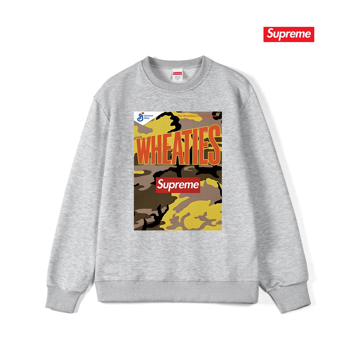 Style No. S1062 #terryp150💰 Velvet 160💰 Supreme SS21 Week6 x Wheaties Tee Oatmeal round-neck sweatshirt Made of 400g large terry (drop shoulder large version) fabric, soft texture and no pilling Imported environmentally friendly printing glue The pattern is bright and three-dimensional Quality 💥Same style for men and women The upper body is trendy Color: black white gray Size: S M L XL XXL