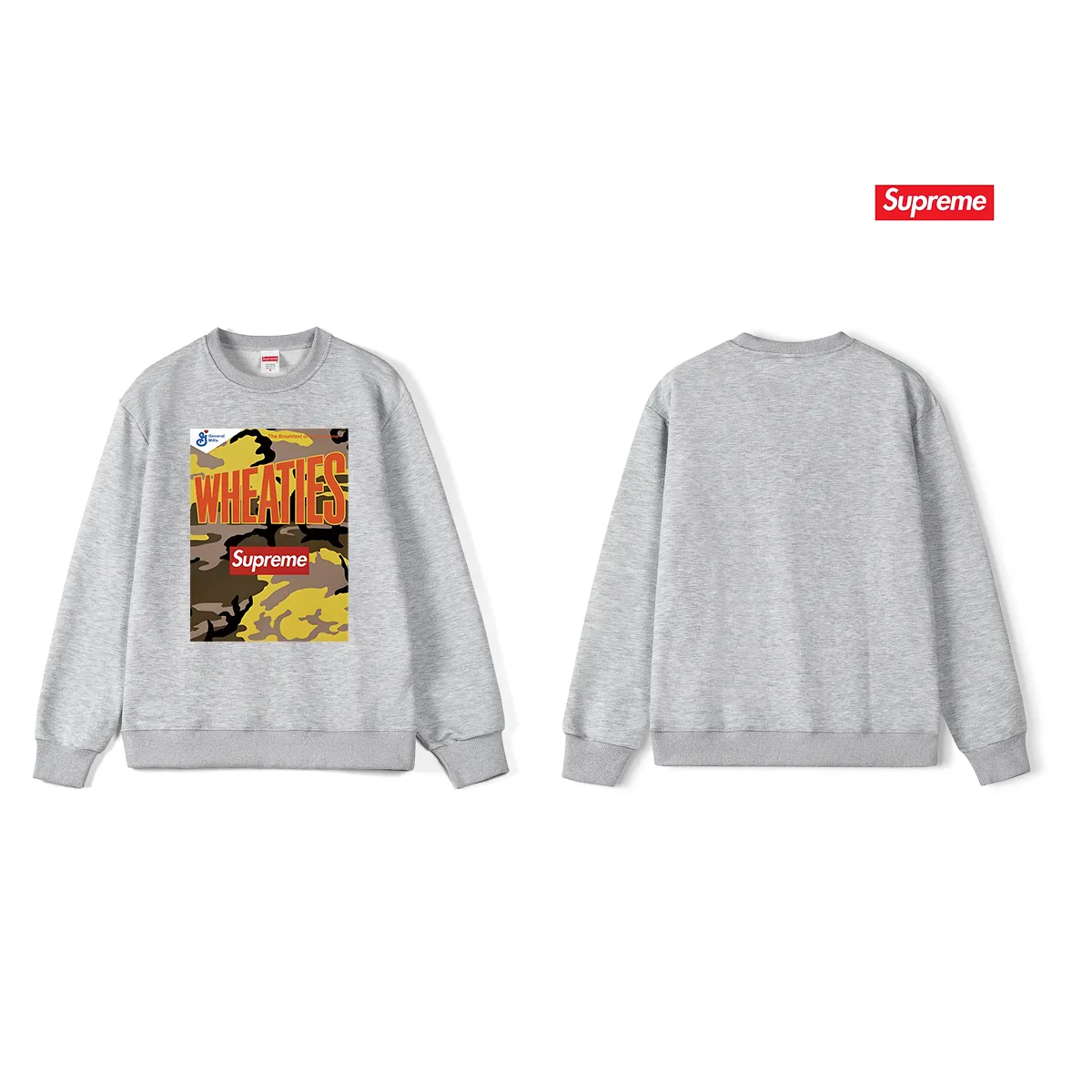 Style No. S1062 #terryp150💰 Velvet 160💰 Supreme SS21 Week6 x Wheaties Tee Oatmeal round-neck sweatshirt Made of 400g large terry (drop shoulder large version) fabric, soft texture and no pilling Imported environmentally friendly printing glue The pattern is bright and three-dimensional Quality 💥Same style for men and women The upper body is trendy Color: black white gray Size: S M L XL XXL