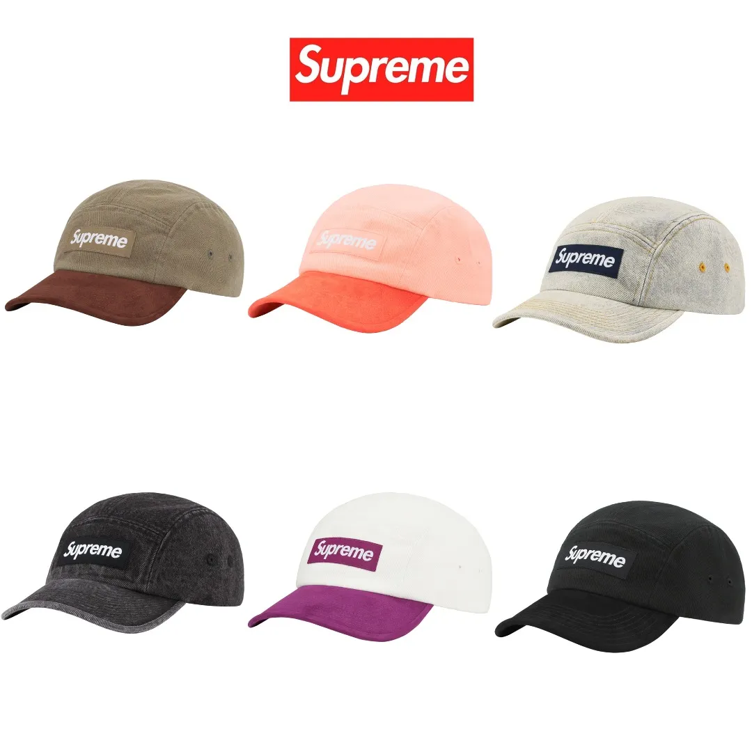 S334💰p130 Supreme 23ss SUEDE VISOR CAMP CAP Color-blocked suede tannin curved brim baseball cap Color: Aqua blue Washed black (denim denim fabric) Pink White Black Army Green (suede fabric)