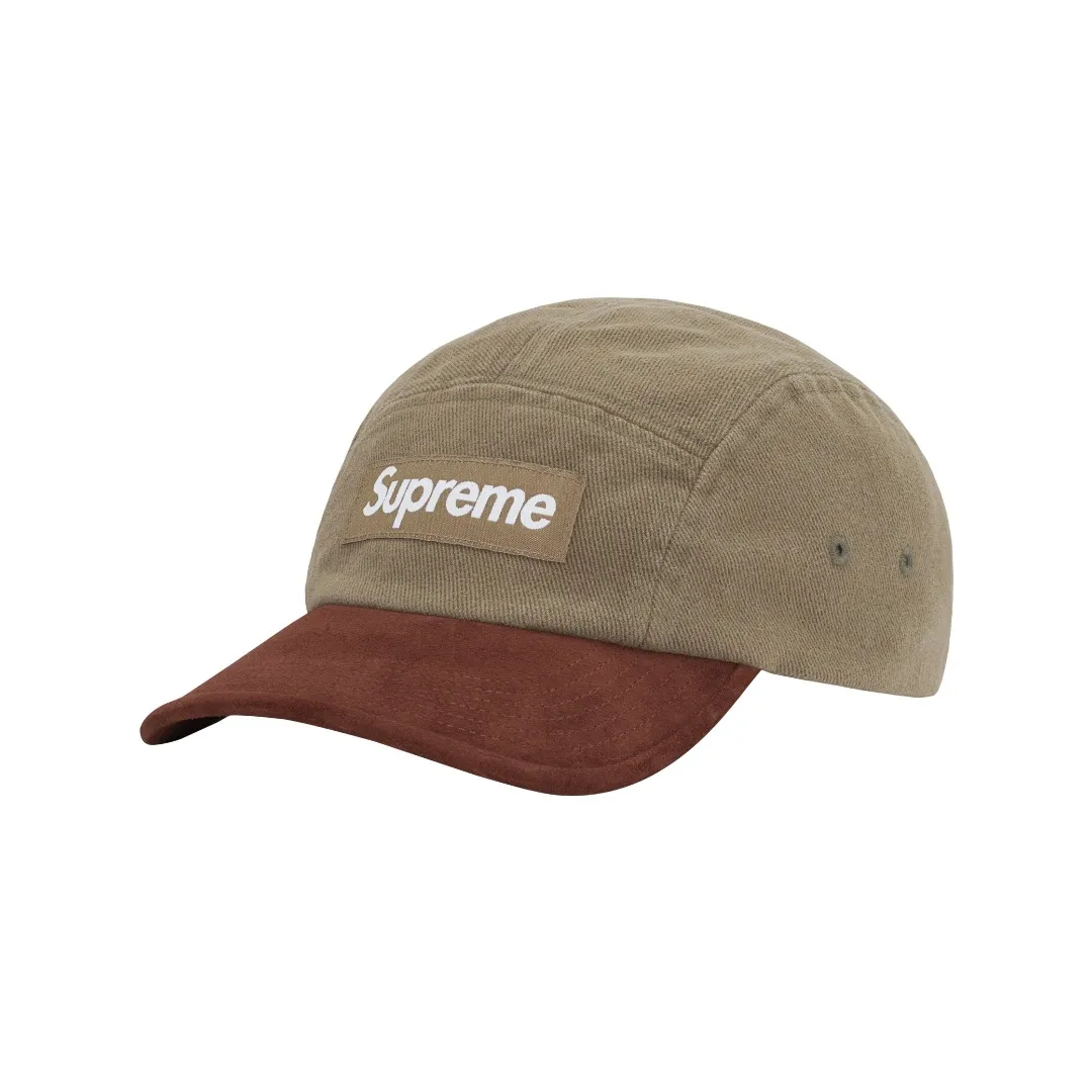 S334💰p130 Supreme 23ss SUEDE VISOR CAMP CAP Color-blocked suede tannin curved brim baseball cap Color: Aqua blue Washed black (denim denim fabric) Pink White Black Army Green (suede fabric)