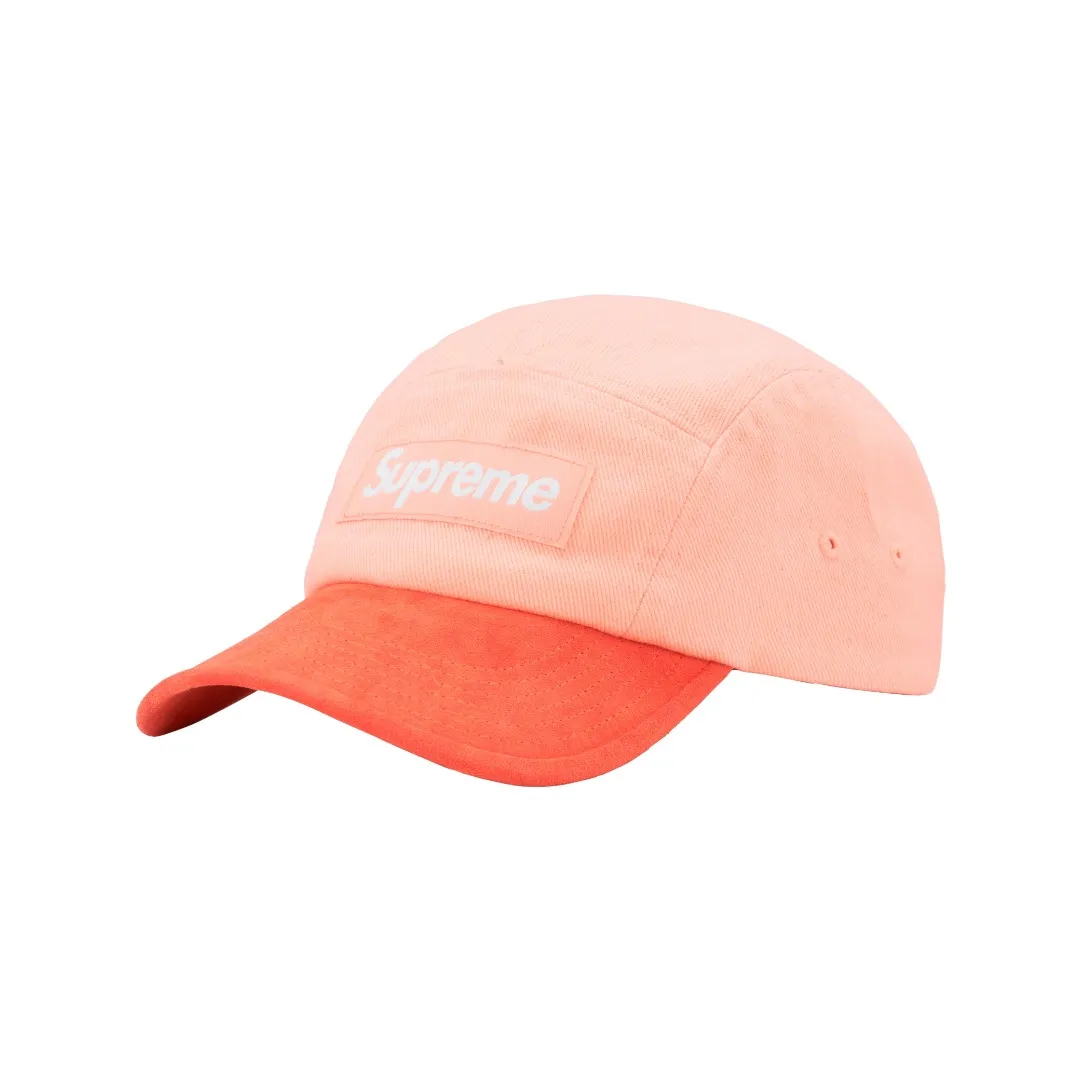 S334💰p130 Supreme 23ss SUEDE VISOR CAMP CAP Color-blocked suede tannin curved brim baseball cap Color: Aqua blue Washed black (denim denim fabric) Pink White Black Army Green (suede fabric)