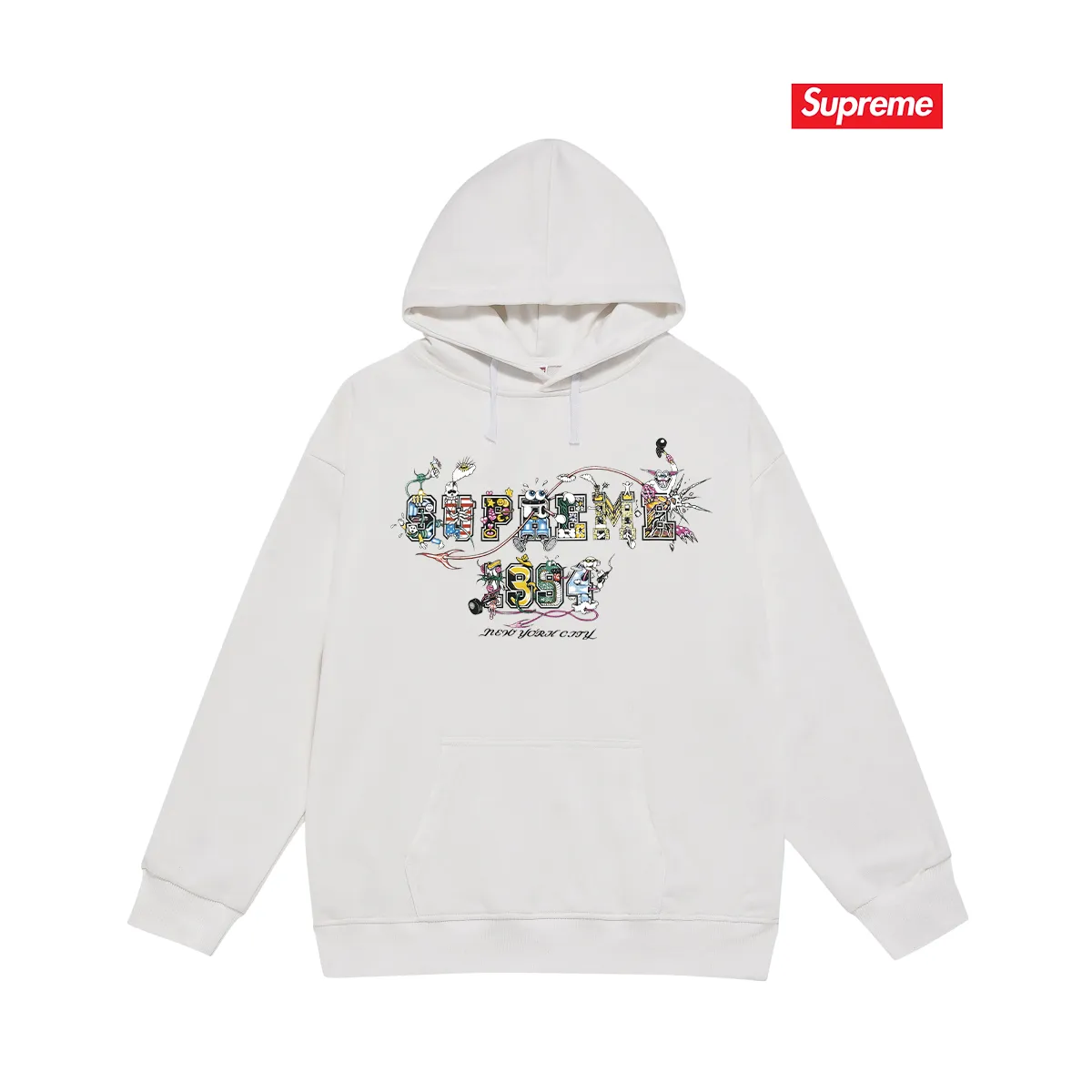 Style No. S2165 #terry P160💰 Velvet P170💰 Supreme SS24 WEEK19 Varsity Tee Cartoon logo letter print hooded sweatshirt Made of 400g large terry 430g silver fox velvet (drop shoulder large version) fabric Soft texture and no pilling Imported environmentally friendly printing glue The pattern is bright and three-dimensional Quality 💥Same style for men and women The upper body is trendy Color: black white Gray Size: S M L XL XXL