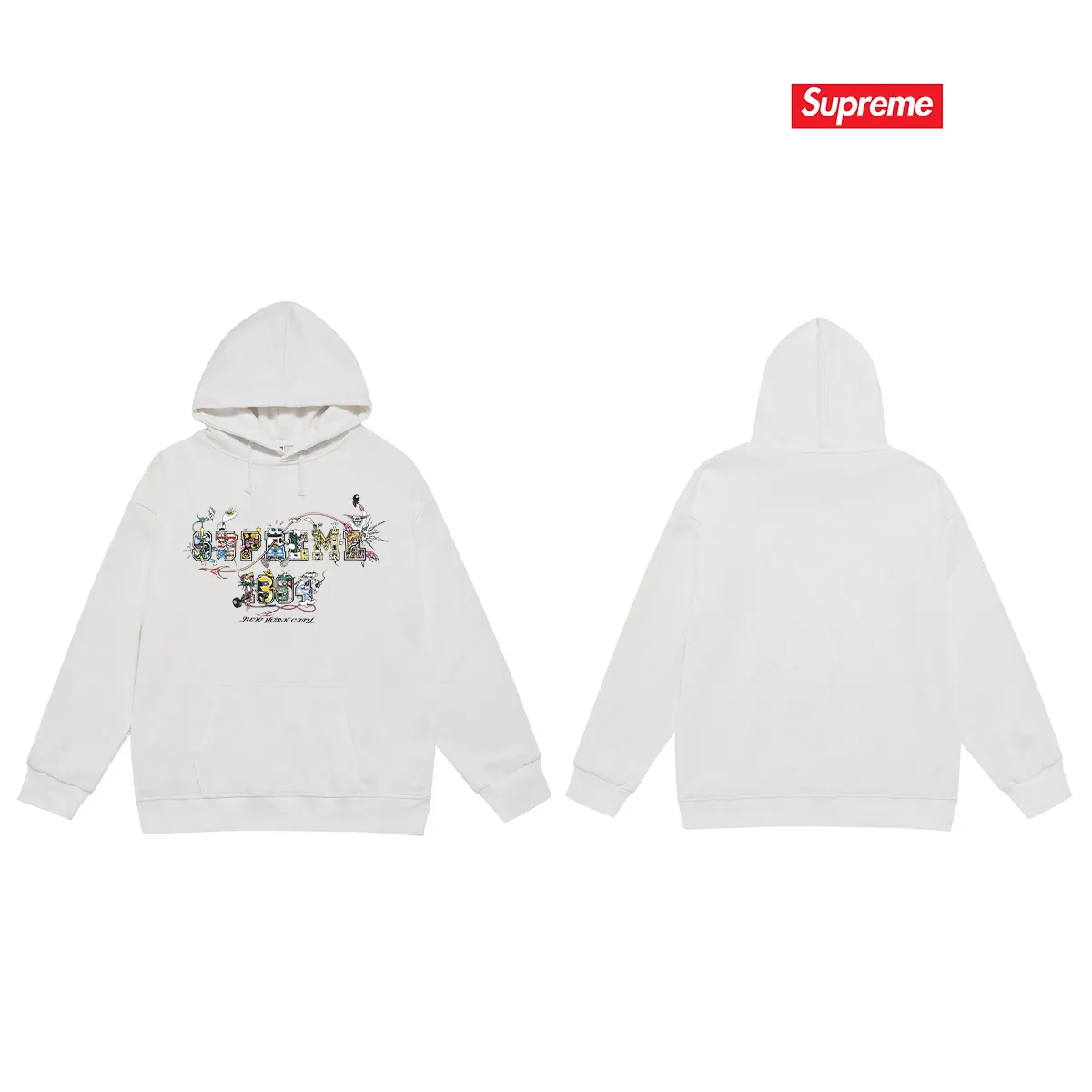 Style No. S2165 #terry P160💰 Velvet P170💰 Supreme SS24 WEEK19 Varsity Tee Cartoon logo letter print hooded sweatshirt Made of 400g large terry 430g silver fox velvet (drop shoulder large version) fabric Soft texture and no pilling Imported environmentally friendly printing glue The pattern is bright and three-dimensional Quality 💥Same style for men and women The upper body is trendy Color: black white Gray Size: S M L XL XXL