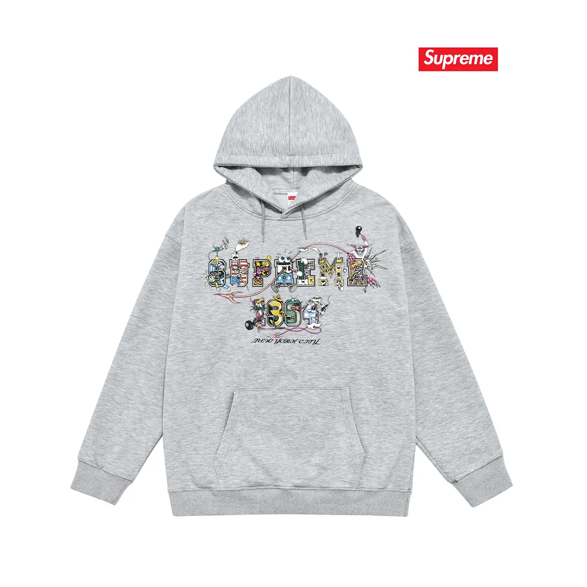 Style No. S2165 #terry P160💰 Velvet P170💰 Supreme SS24 WEEK19 Varsity Tee Cartoon logo letter print hooded sweatshirt Made of 400g large terry 430g silver fox velvet (drop shoulder large version) fabric Soft texture and no pilling Imported environmentally friendly printing glue The pattern is bright and three-dimensional Quality 💥Same style for men and women The upper body is trendy Color: black white Gray Size: S M L XL XXL