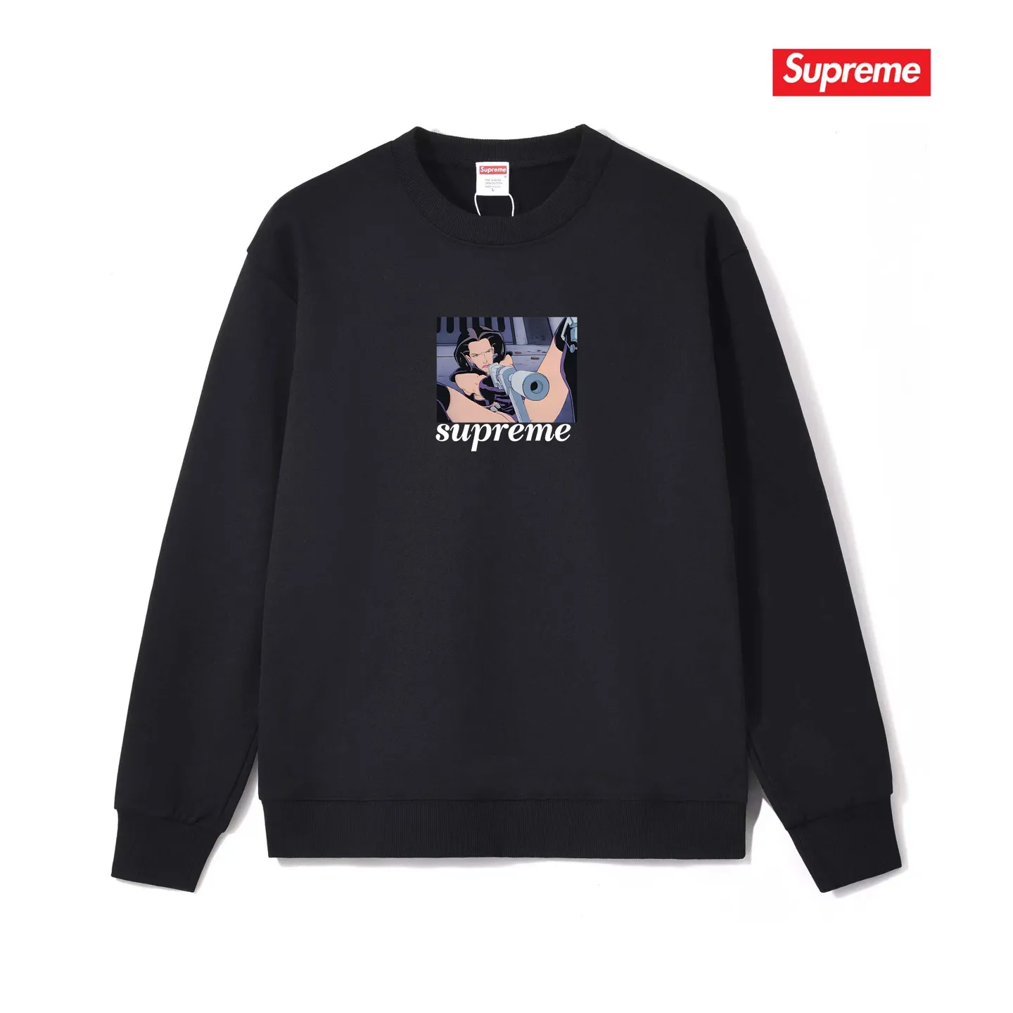 Style No. S1097 #terry p150💰 Velvet 160💰 Supreme SS22 Week6 xAeon Flux joint model Gun Tee Magic Warrior cartoon letter print round neck sweatshirt Made of 400 grams of large terry (off-shoulder large version) fabric, soft texture and no pilling Imported environmentally friendly printing glue The pattern is bright and three-dimensional Quality 💥Same style for men and women The upper body is trendy Color: black white gray Size: S M L XL XXL