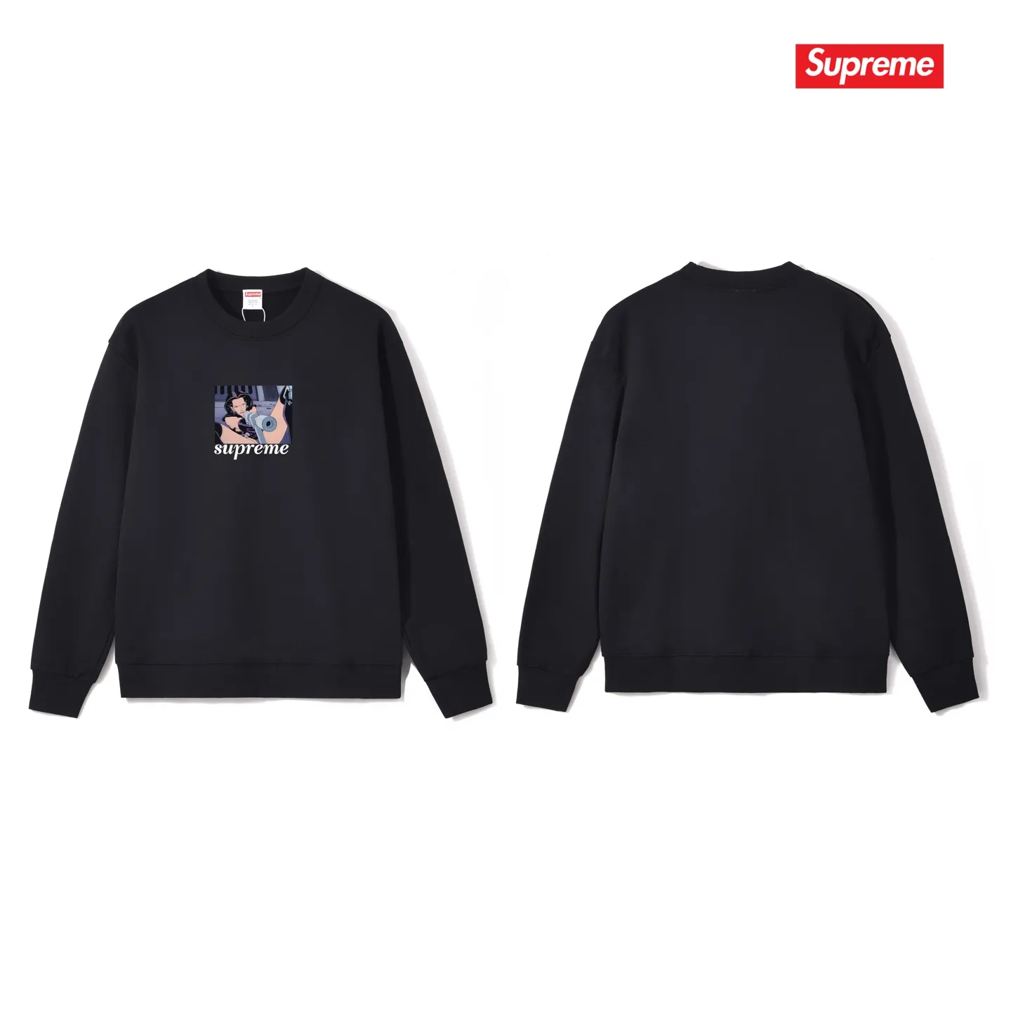 Style No. S1097 #terry p150💰 Velvet 160💰 Supreme SS22 Week6 xAeon Flux joint model Gun Tee Magic Warrior cartoon letter print round neck sweatshirt Made of 400 grams of large terry (off-shoulder large version) fabric, soft texture and no pilling Imported environmentally friendly printing glue The pattern is bright and three-dimensional Quality 💥Same style for men and women The upper body is trendy Color: black white gray Size: S M L XL XXL