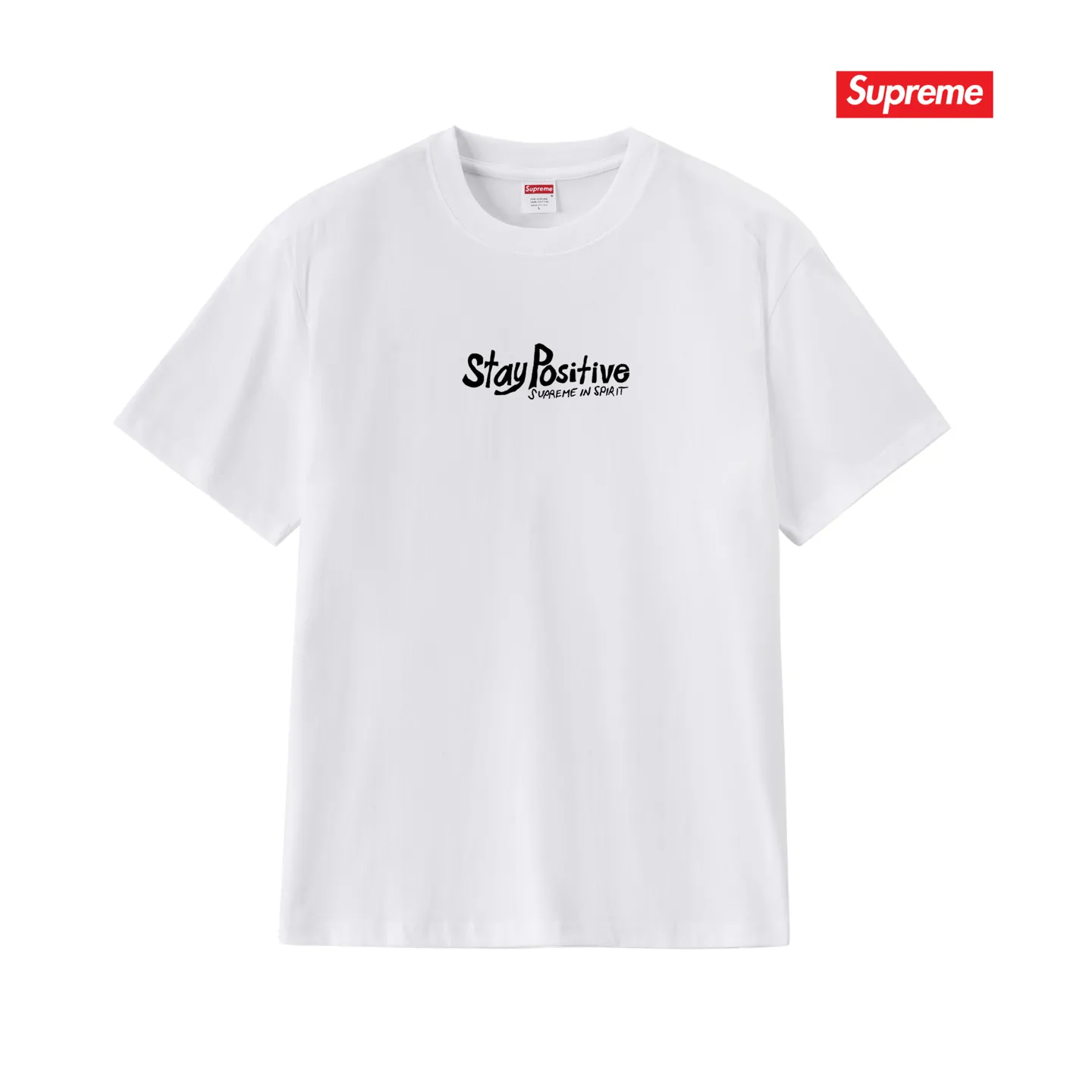 S233 P110💰 Supreme Week 1 Stay Positive Tee Stay Positive English printed round neck short-sleeved American trendy T-shirt. Same style for men and women. Loose fit. Made of 260g combed cotton double yarn. All three standards are complete from fabrics to accessories. ZP. Imported Matsui company's slurry printing will never crack. The whole piece adopts three-needle five-thread technology. The collar-shoulder seam-sleeve seam is double-lined, which looks more three-dimensional and textured.) The same process as the original version, classic version Feel free to compare zp. The whole piece adopts three-needle five-thread craftsmanship (neckline-shoulder seam-sleeve seam double thread, which looks more three-dimensional and textured). It has the same craftsmanship as the original original, classic version. Color: black, white, light gray, pink, navy. Size: S M L XL XXL
