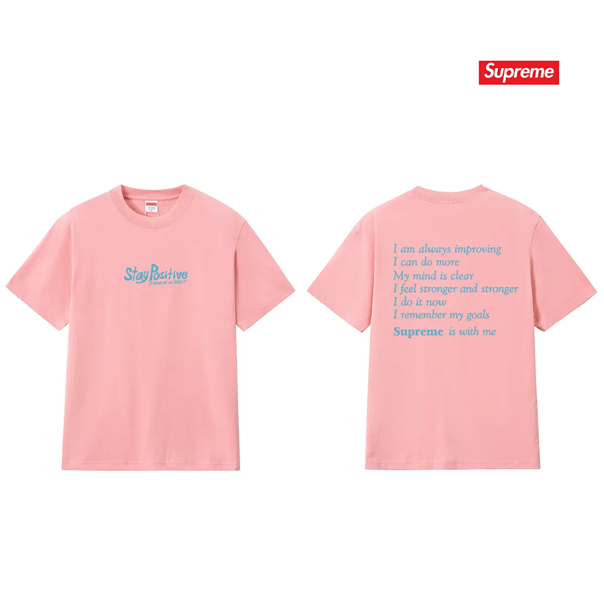 S233 P110💰 Supreme Week 1 Stay Positive Tee Stay Positive English printed round neck short-sleeved American trendy T-shirt. Same style for men and women. Loose fit. Made of 260g combed cotton double yarn. All three standards are complete from fabrics to accessories. ZP. Imported Matsui company's slurry printing will never crack. The whole piece adopts three-needle five-thread technology. The collar-shoulder seam-sleeve seam is double-lined, which looks more three-dimensional and textured.) The same process as the original version, classic version Feel free to compare zp. The whole piece adopts three-needle five-thread craftsmanship (neckline-shoulder seam-sleeve seam double thread, which looks more three-dimensional and textured). It has the same craftsmanship as the original original, classic version. Color: black, white, light gray, pink, navy. Size: S M L XL XXL